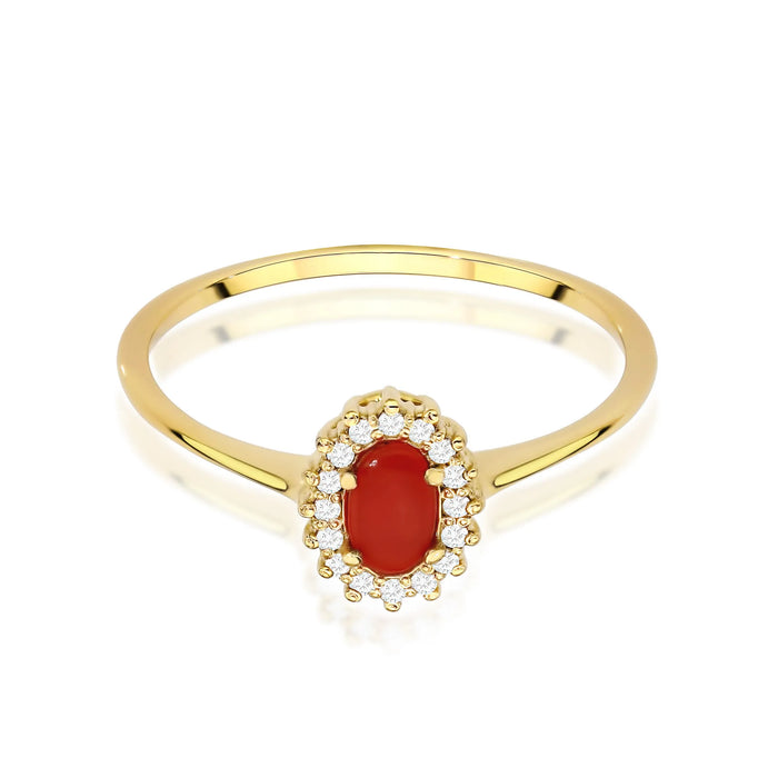 GREMARI yellow gold ring with oval red coral and diamonds