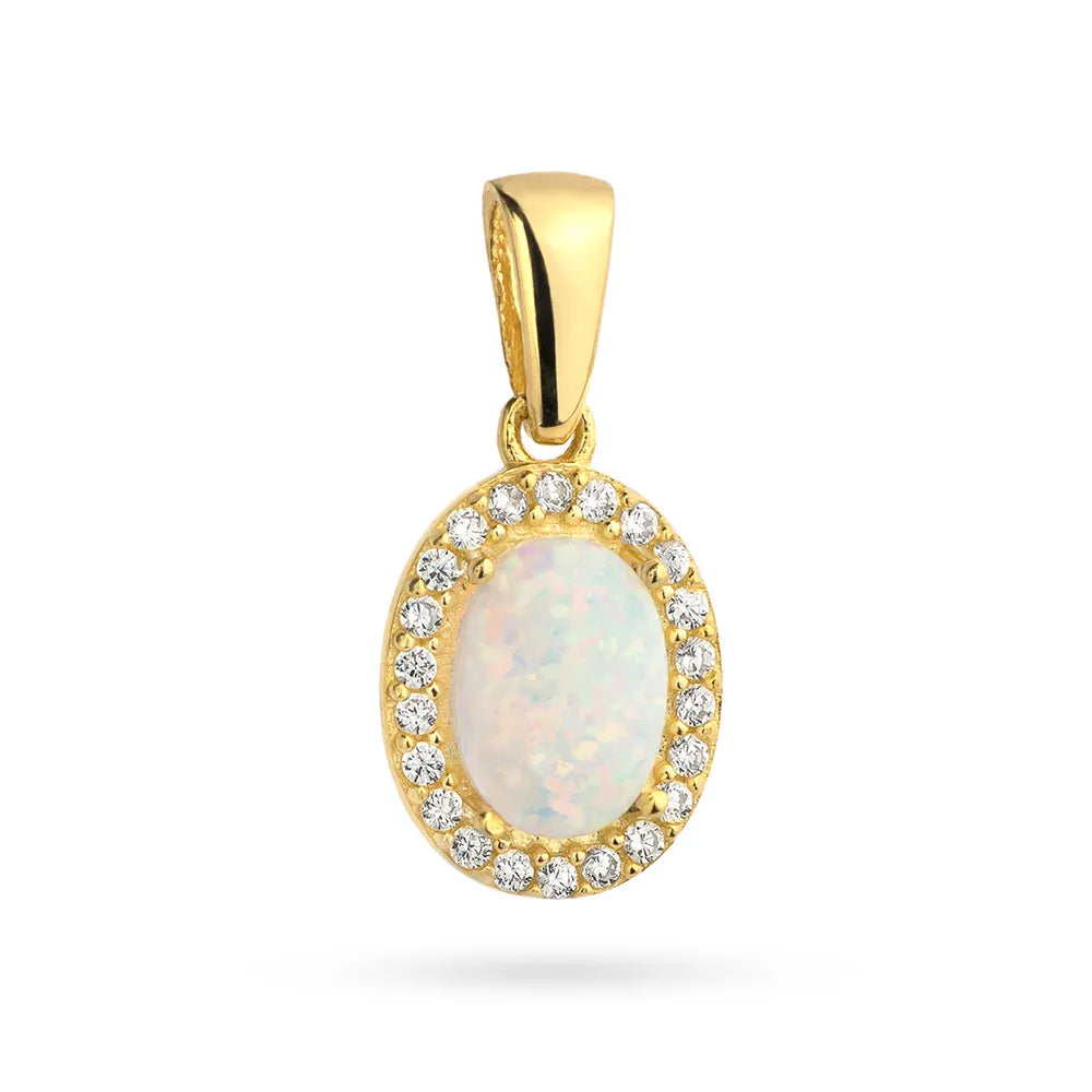 GREMARI yellow gold oval opal pendant with cubic zirconia