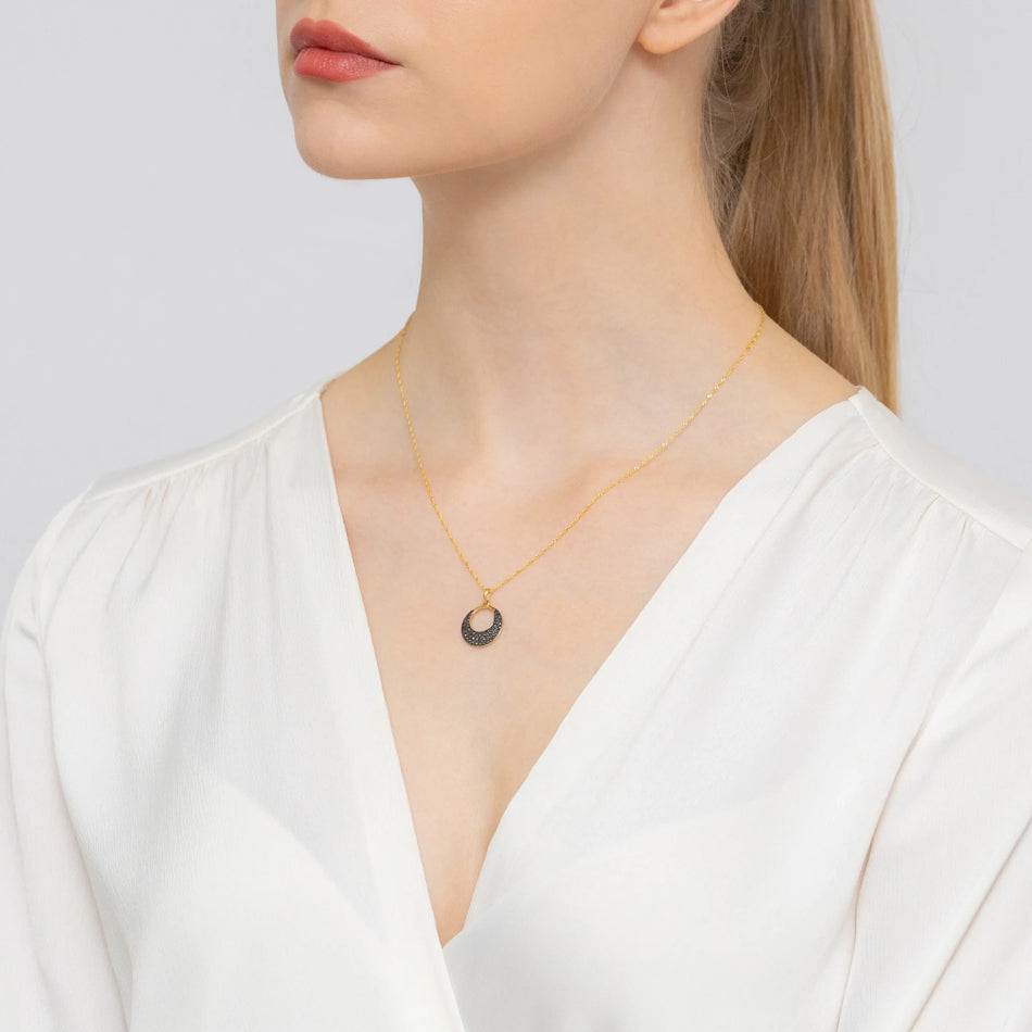 Zlatá súprava: prívesok otvorený kruh s motívom zlovestného oka a čiernou zirkóniou