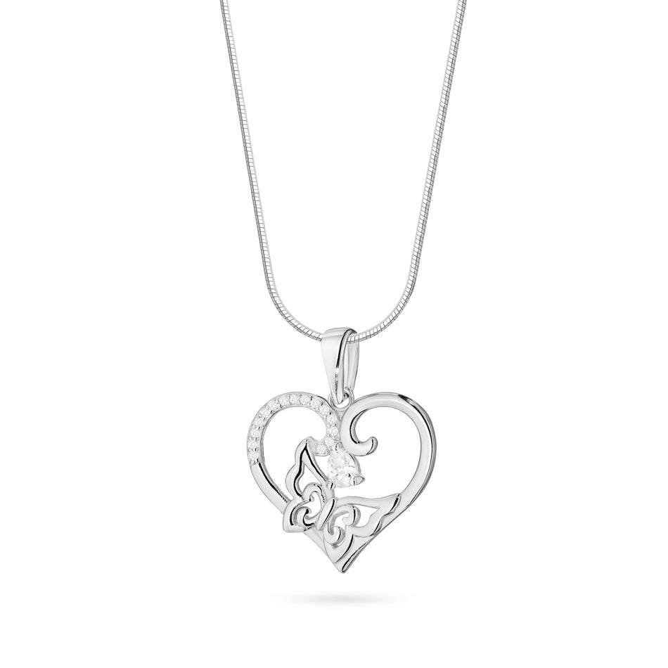 Silberkette mit Herzanhänger, filigranem Schmetterling und Zirkonia