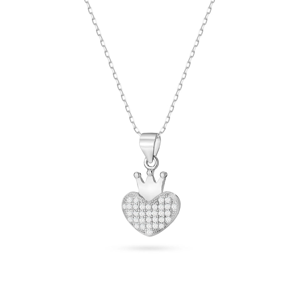 Silver Necklace with Heart Pendant and Crown Design with Cubic Zirconia
