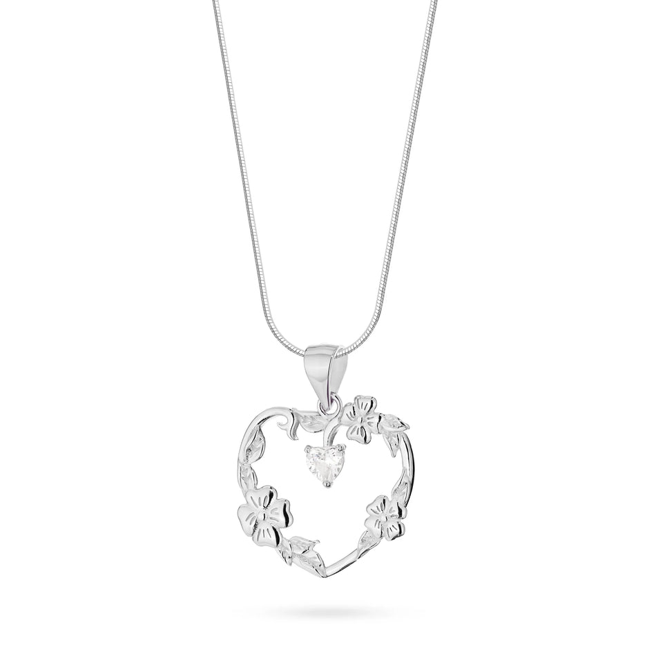 Silberkette mit geflochtenem floralen Herzanhänger und Zirkonia