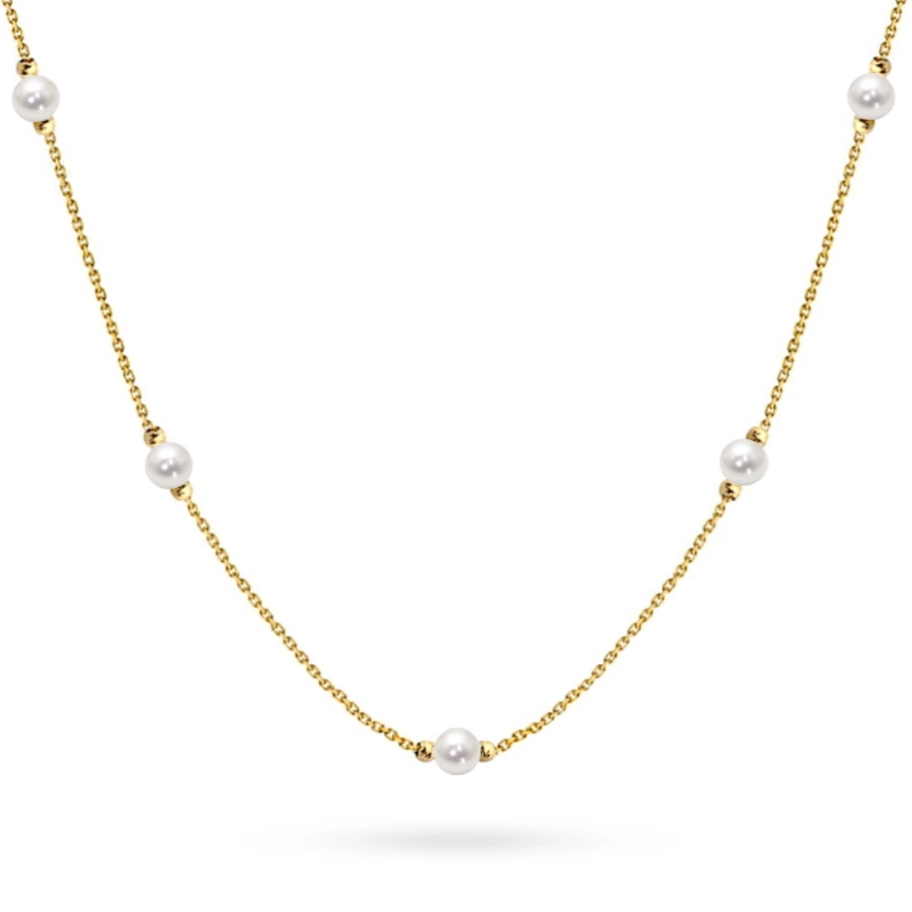 Gold 14k(585) necklace with diamond cuted beads nad pearls in vintage style. Order a gift for mother, girlfriend or fiancee.