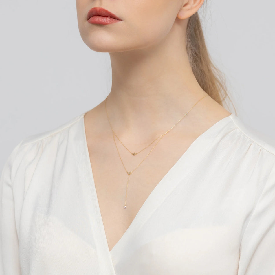 Gold 14k(585) layered cascade necklace with white Zirconia in vintage style. Order a gift for mother, girlfriend or fiancee.