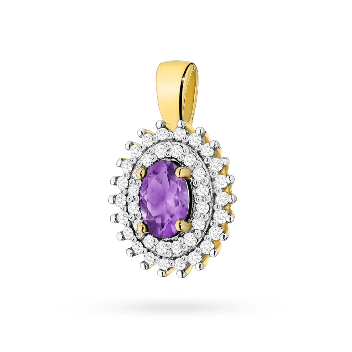 Pendentif en or 14 carats (585). Améthyste centrale de 0,40 ct entourée de 39 diamants de 0,19 ct. Un cadeau unique pour elle. Notre boutique propose des chaînes, des bagues, des boucles d’oreilles.