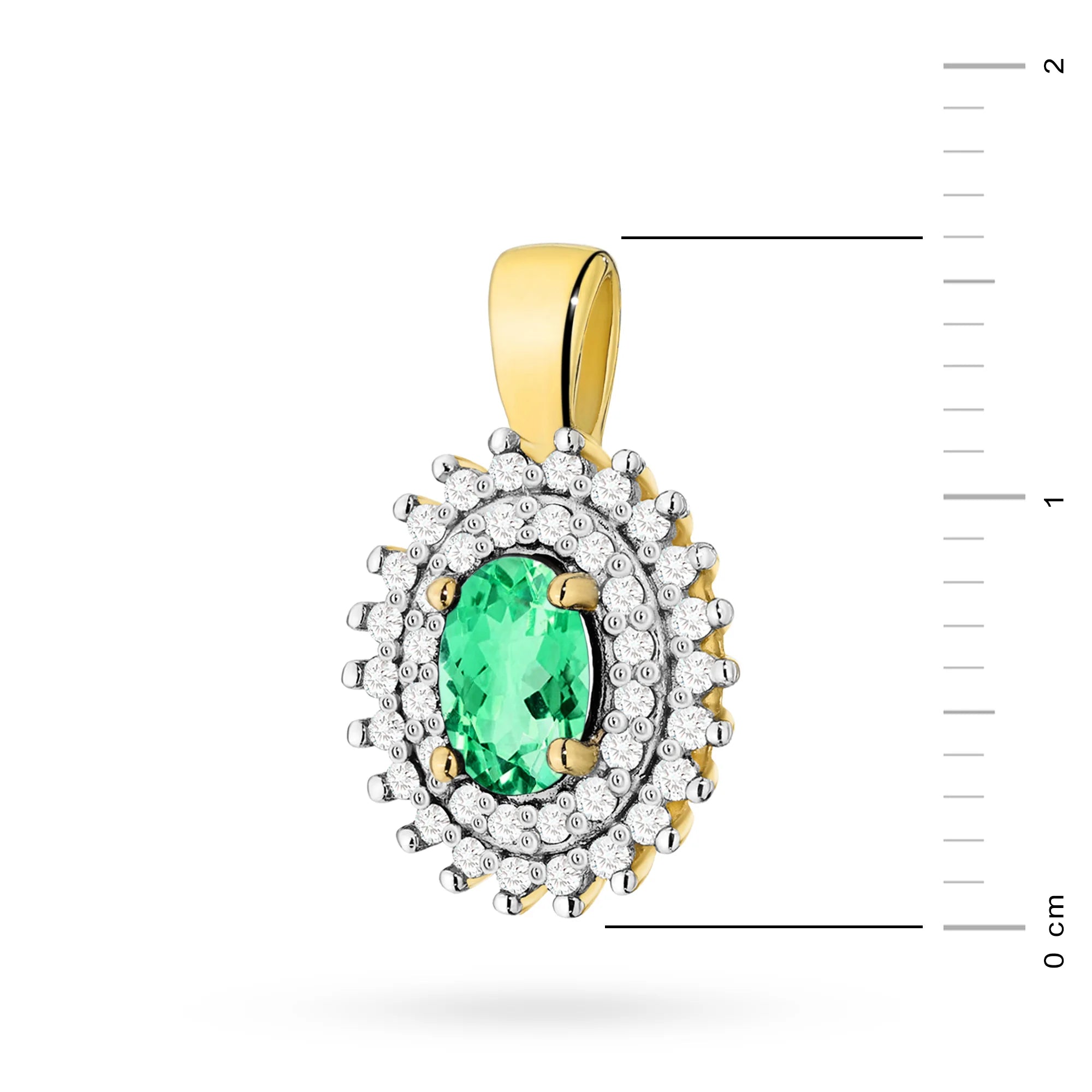 Pendant made of 14K (585) gold. Central emerald 0.40ct surrounded by 39 diamonds 0.19ct. A unique gift for her. Our shop offers chains, rings or armbands