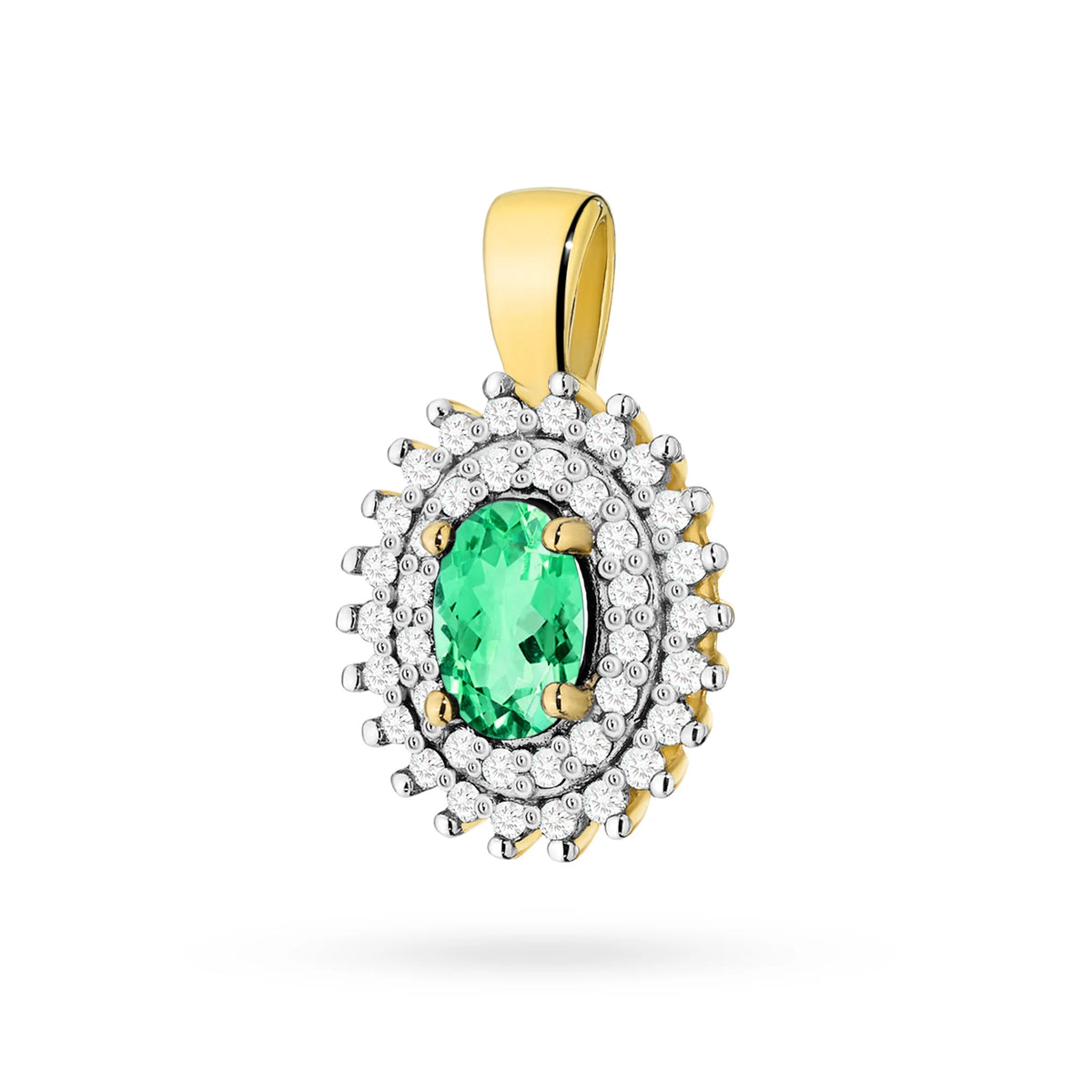 Pendentif en or 14 carats (585). Émeraude centrale de 0,40 ct entourée de 39 diamants totalisant 0,19 ct. Un cadeau unique pour elle. Notre boutique propose des chaînes, des bagues ou des bracelets.