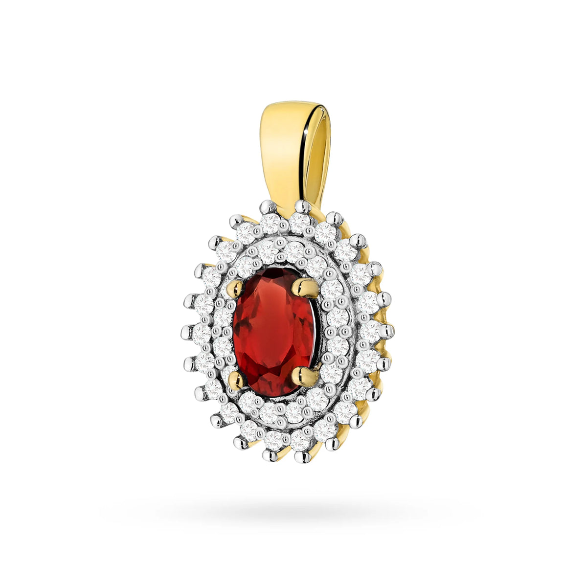 Pendentif en or 14 carats (585). Grenat central de 0,50 ct entouré de 39 diamants de 0,19 ct. Un cadeau unique pour elle. Notre boutique propose des chaînes, des bagues ou des bracelets.