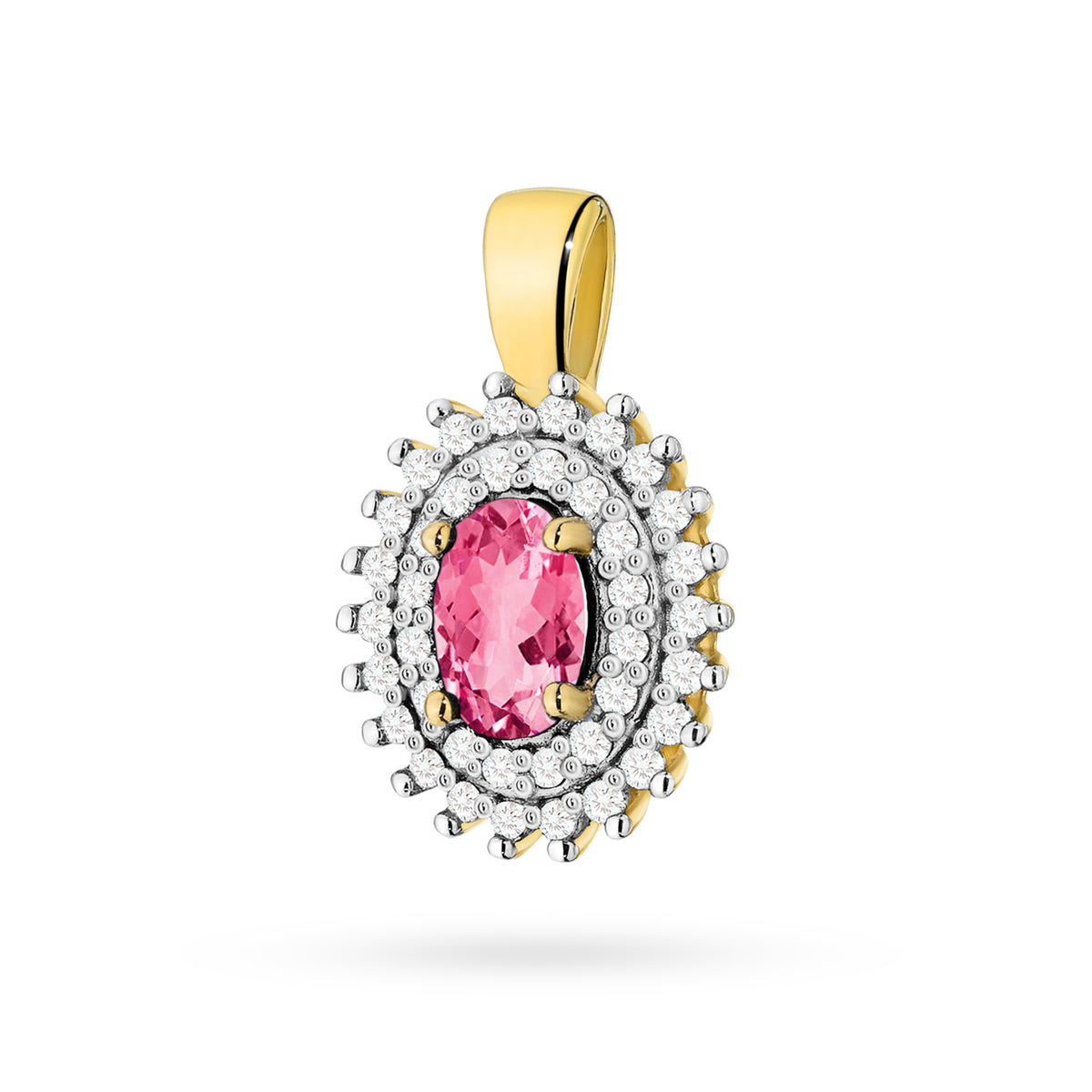 Pendentif en or 14 carats (585). Notre sélection comprend des chaînes, des pendentifs, des colliers. Topaze rose taille ovale 0,50 ct et 39 diamants 0,19 ct. Un cadeau unique pour elle