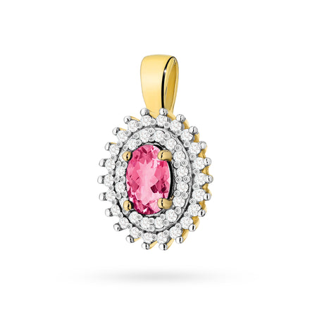 Prívesok vyrobený zo 14K (585) zlata. Naša ponuka zahŕňa retiazky, prívesky, náhrdelníky. Oválny brúsený ružový topás 0,50 ct a 39 diamantov 0,19 ct. Jedinečný darček pre ňu