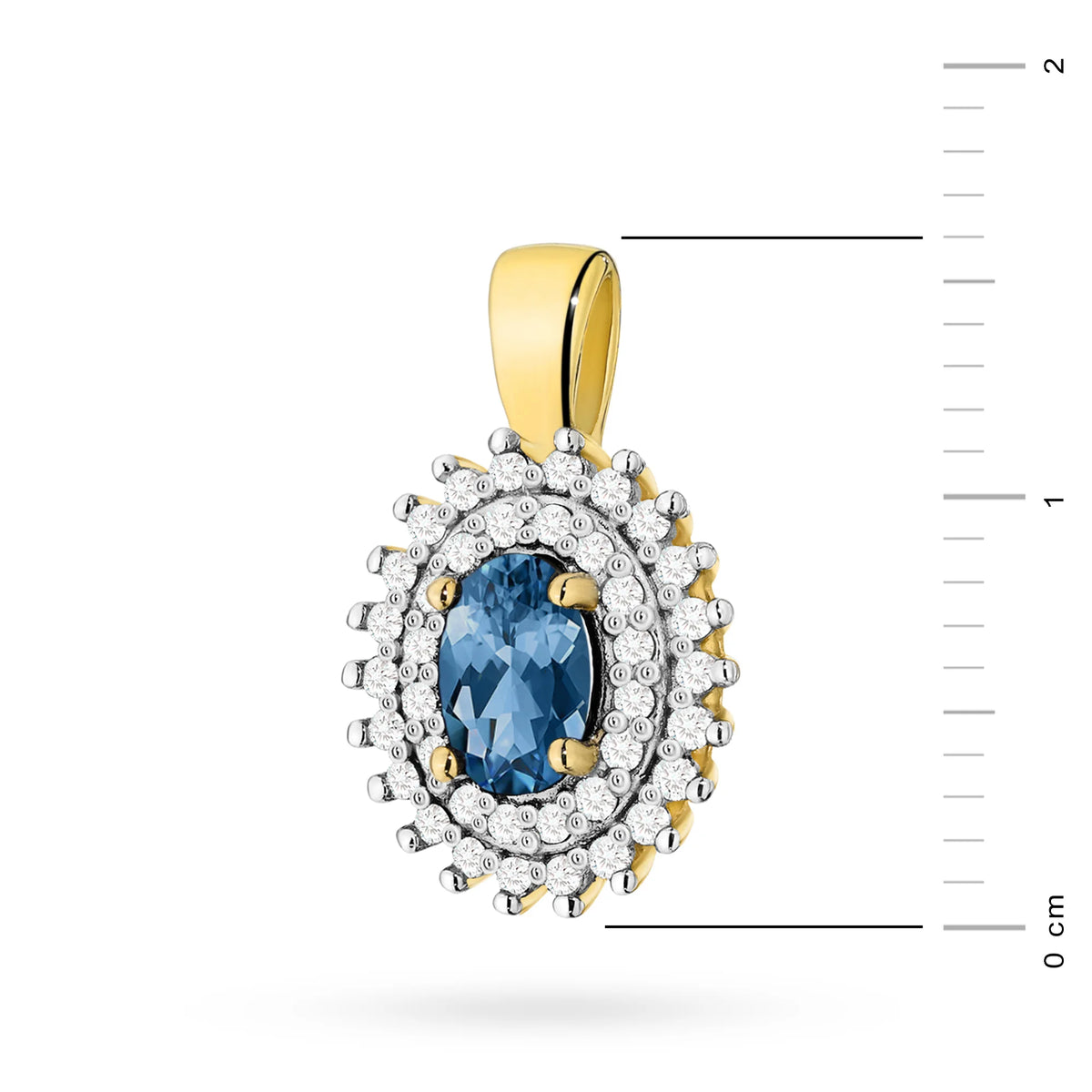Pendant made of 14K (585) gold. Central topaz london blue 0.50ct surrounded by 39 diamonds 0.19ct. A unique gift for her. Our shop offers chains and necklaces