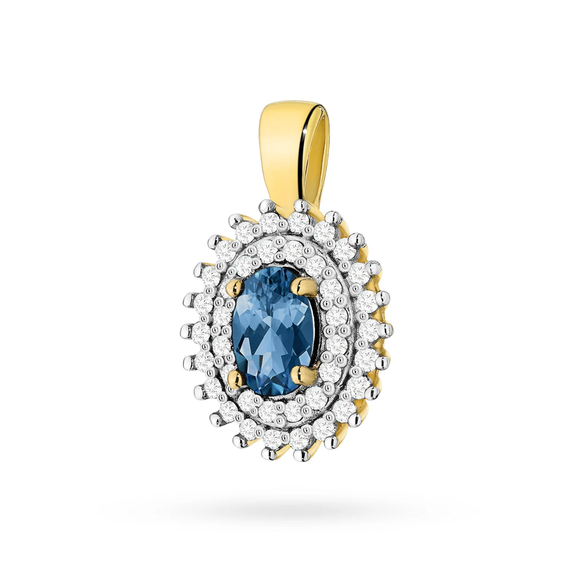 Pendant made of 14K (585) gold. Central topaz london blue 0.50ct surrounded by 39 diamonds 0.19ct. A unique gift for her. Our shop offers chains and necklaces