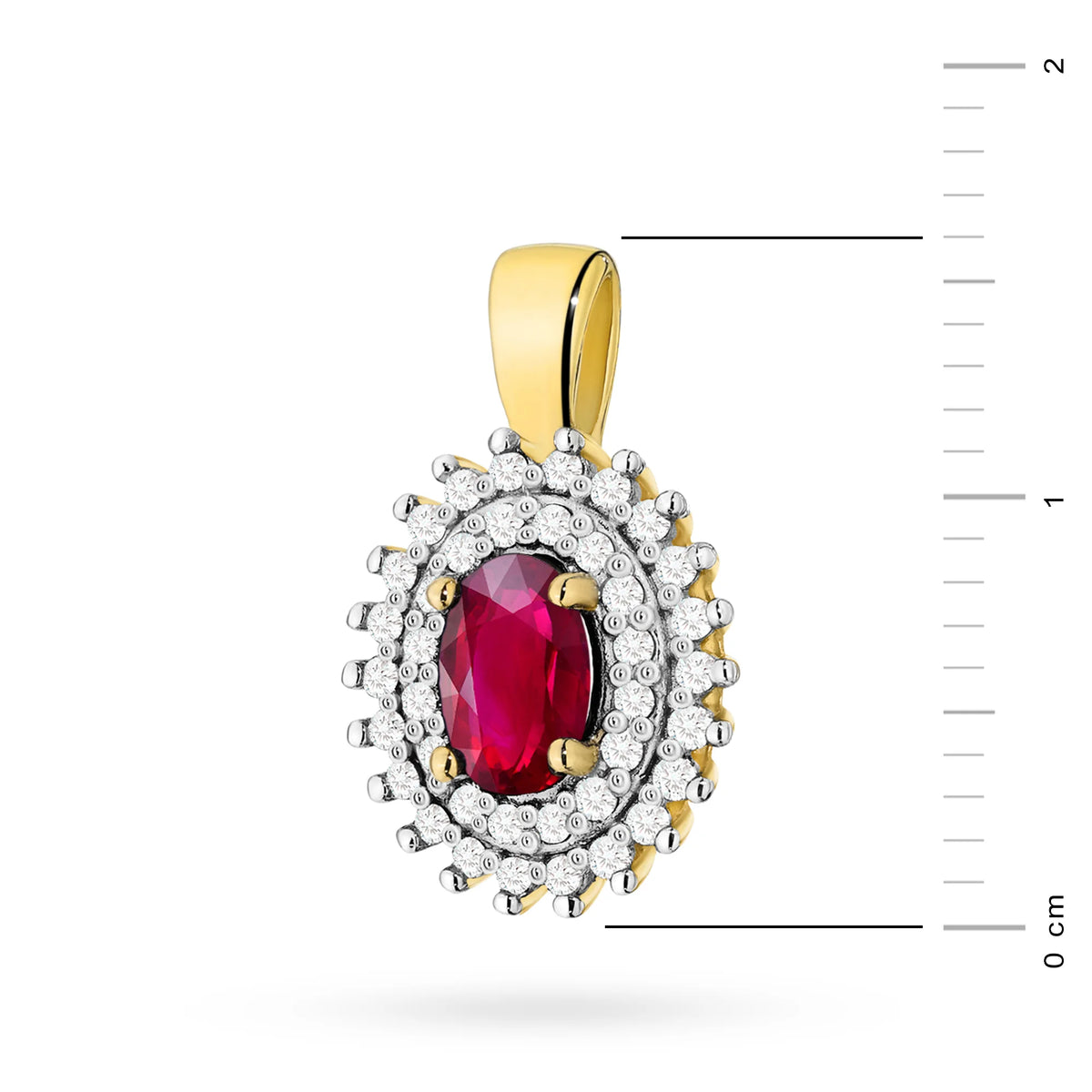 Pendant made of 14K (585) gold. Central ruby 0.60ct surrounded by 39 diamonds 0.19ct. A unique gift for her. Our shop offers chains, rings, earrings or armbands