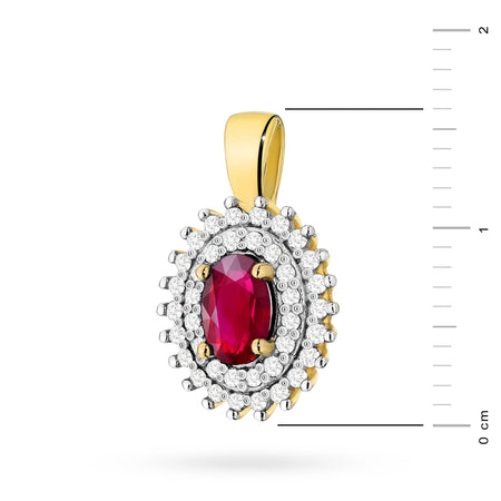 Pendant made of 14K (585) gold. Central ruby 0.60ct surrounded by 39 diamonds 0.19ct. A unique gift for her. Our shop offers chains, rings, earrings or armbands