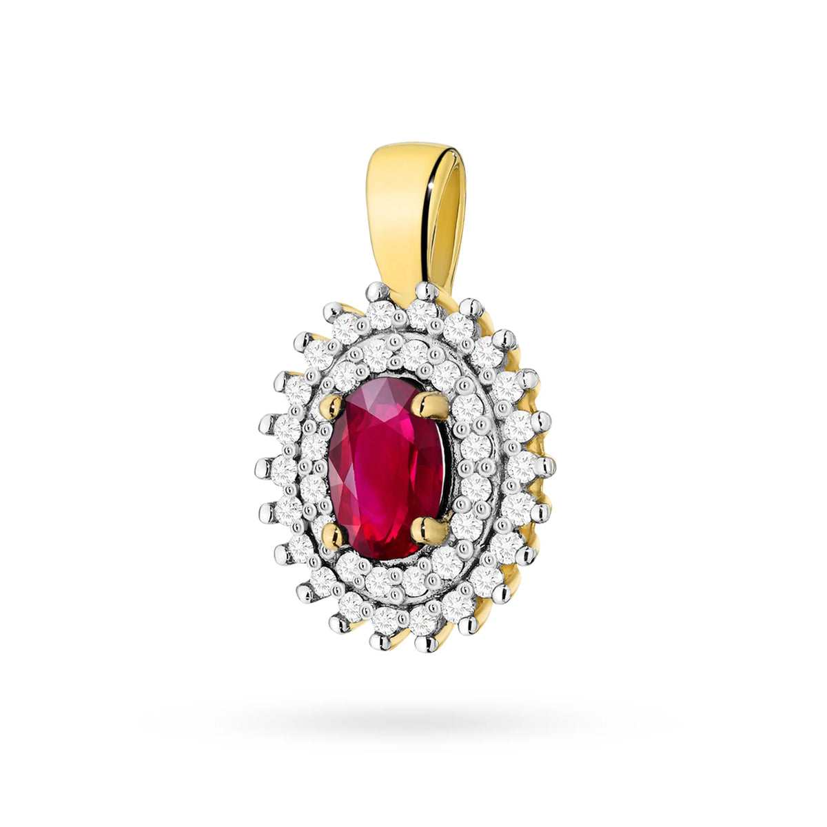 Pendant made of 14K (585) gold. Central ruby 0.60ct surrounded by 39 diamonds 0.19ct. A unique gift for her. Our shop offers chains, rings, earrings or armbands