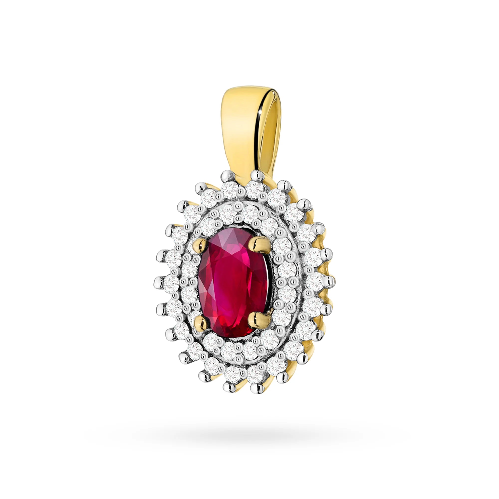 Pendant made of 14K (585) gold. Central ruby 0.60ct surrounded by 39 diamonds 0.19ct. A unique gift for her. Our shop offers chains, rings, earrings or armbands