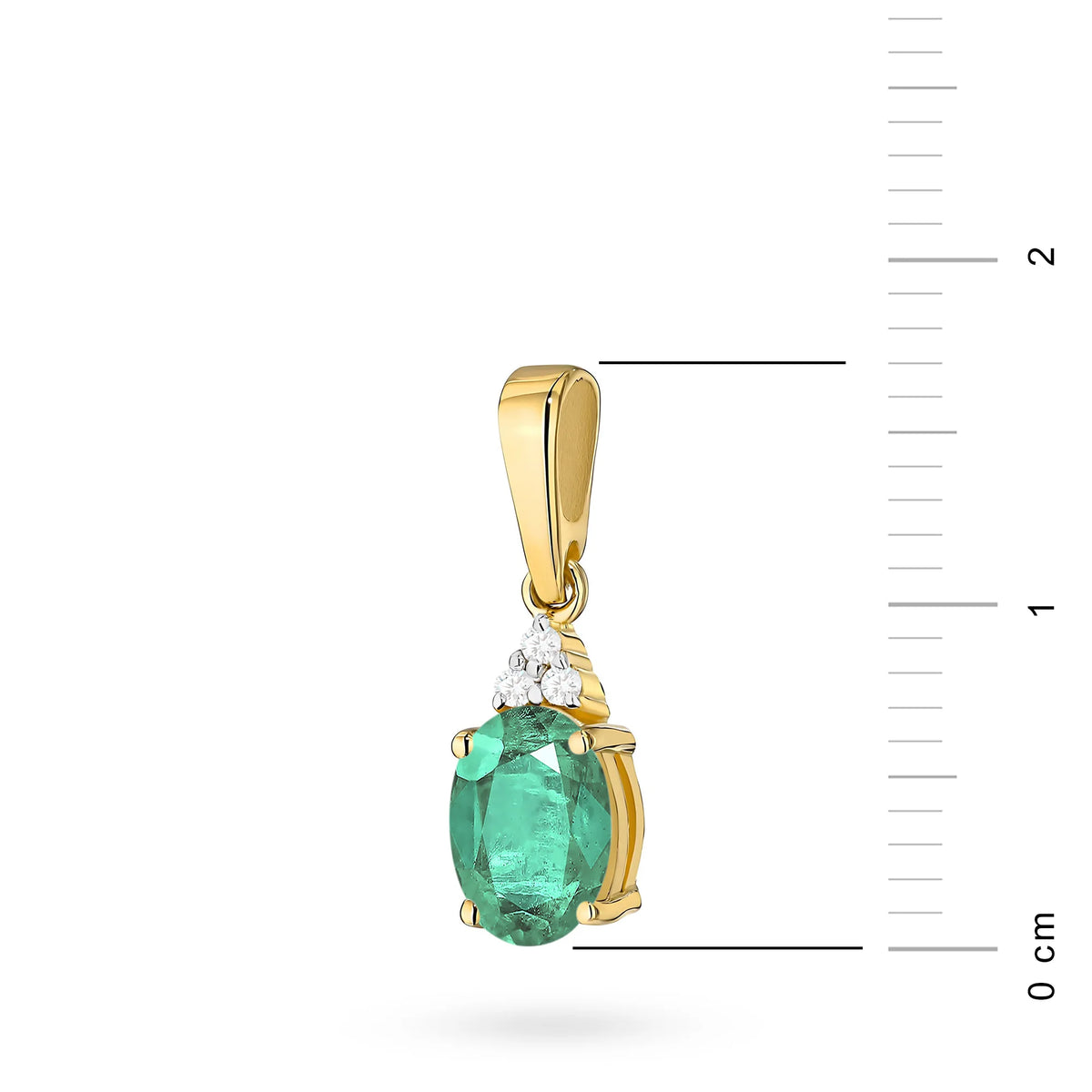 Pendant made of the 14K (585) gold. In our offer includes chains, pendants, necklaces. Oval cut emerald 0.80ct and 3 diamonds 0.026ct. Unique gift for her.