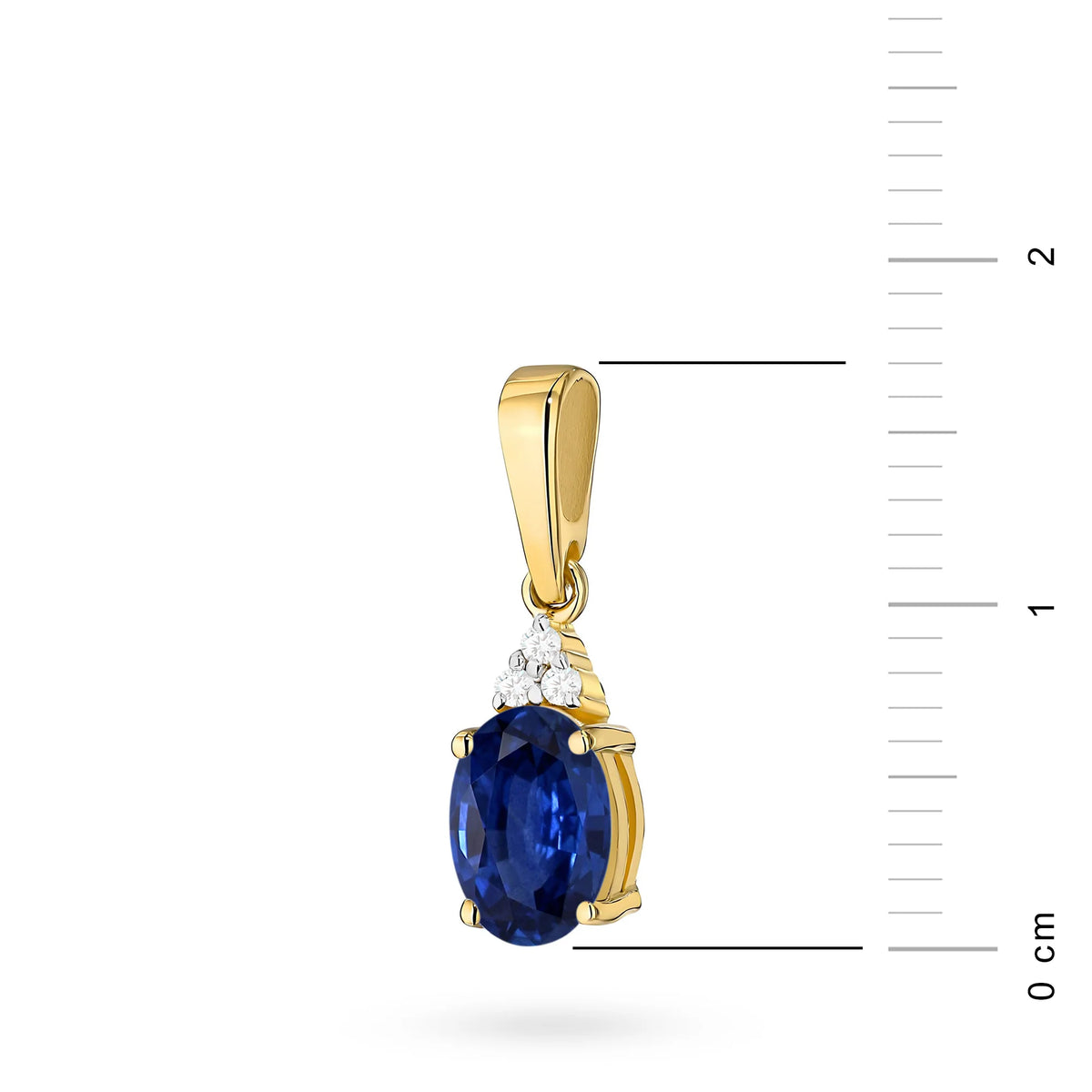 Pendant made of the 14K (585) gold. Our offer includes chains, pendants, necklaces. Central oval cut sapphire 0.90ct and 3 diamonds 0.026ct. Perfect unique gift