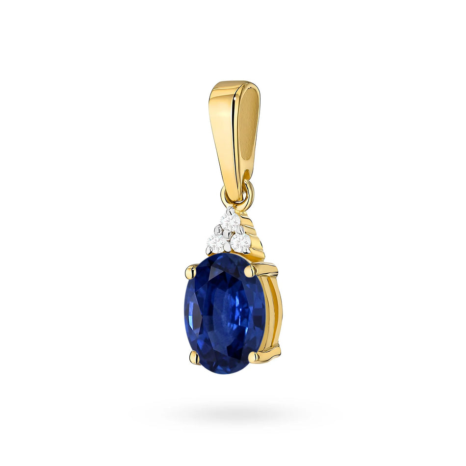 Pendentif en or 14 carats (585). Notre offre comprend des chaînes, des pendentifs, des colliers. Saphir central taillé en ovale de 0,90 ct et 3 diamants de 0,026 ct. Cadeau unique parfait
