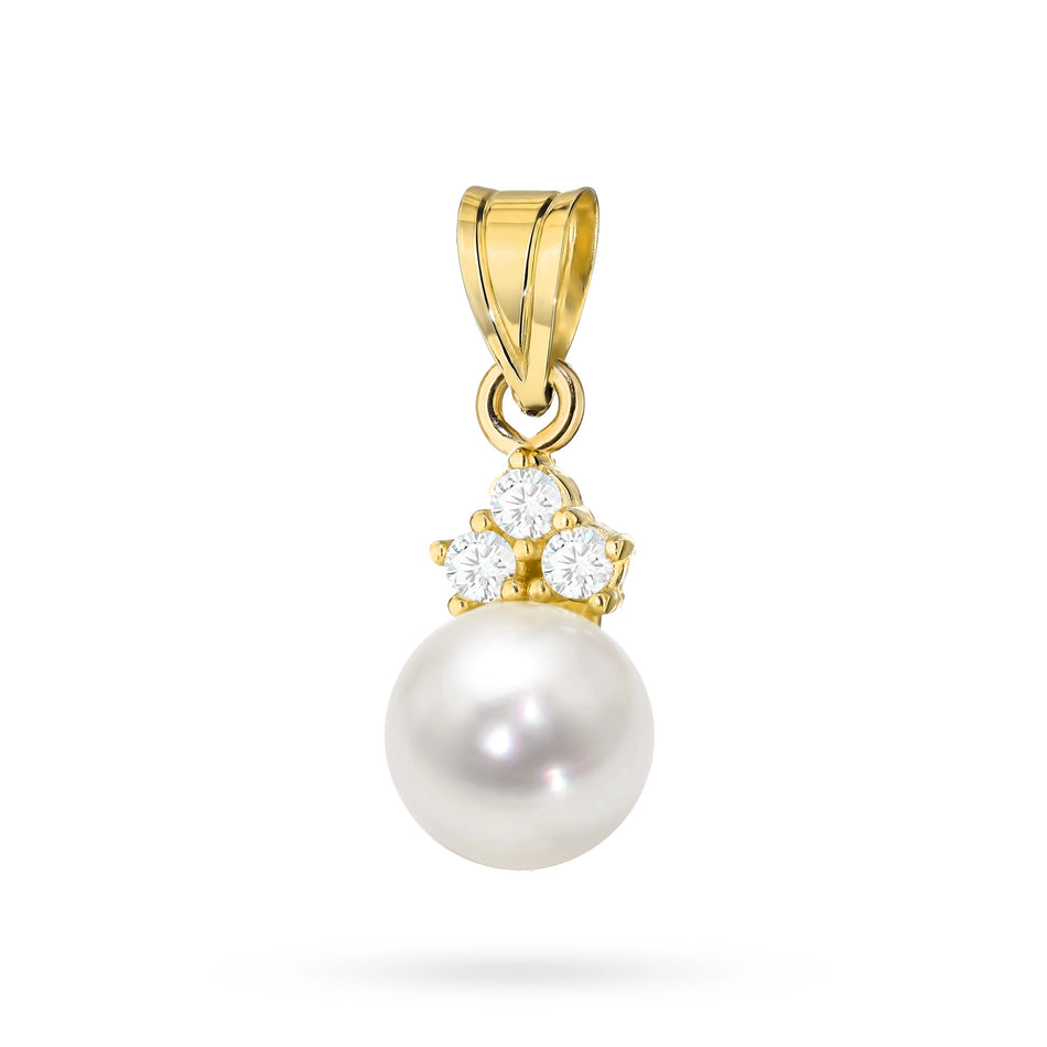 Gold 14K(585) pendant with pearl and 3x zirconias in vintage style. Order a gift for mother, girlfriend or fiancee.