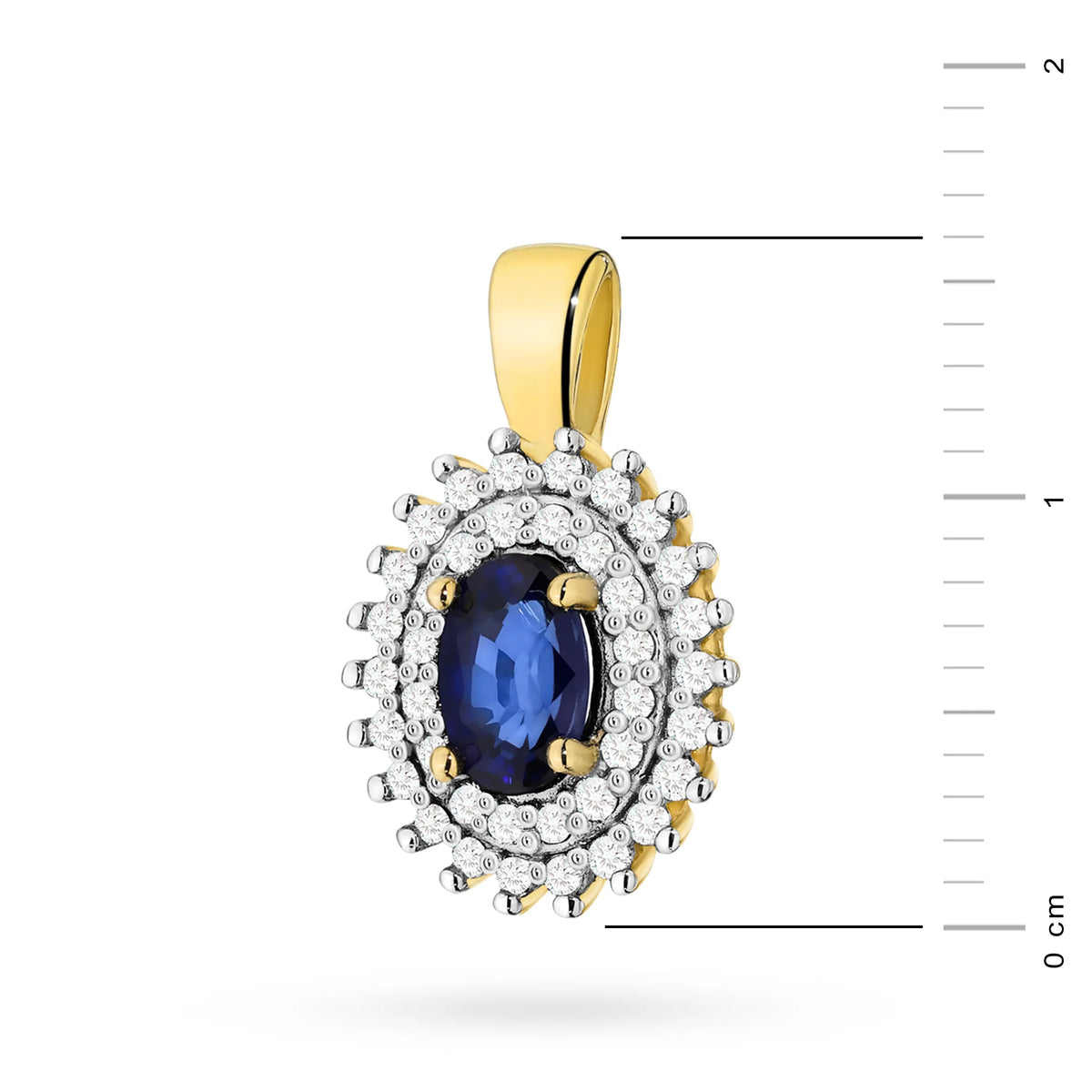Prívesok z 14K (585) zlata. Stredový zafír 0,70 ct obklopený 39 diamantmi 0,19 ct. Jedinečný darček pre ňu. Náš obchod ponúka retiazky, prívesky, náhrdelníky