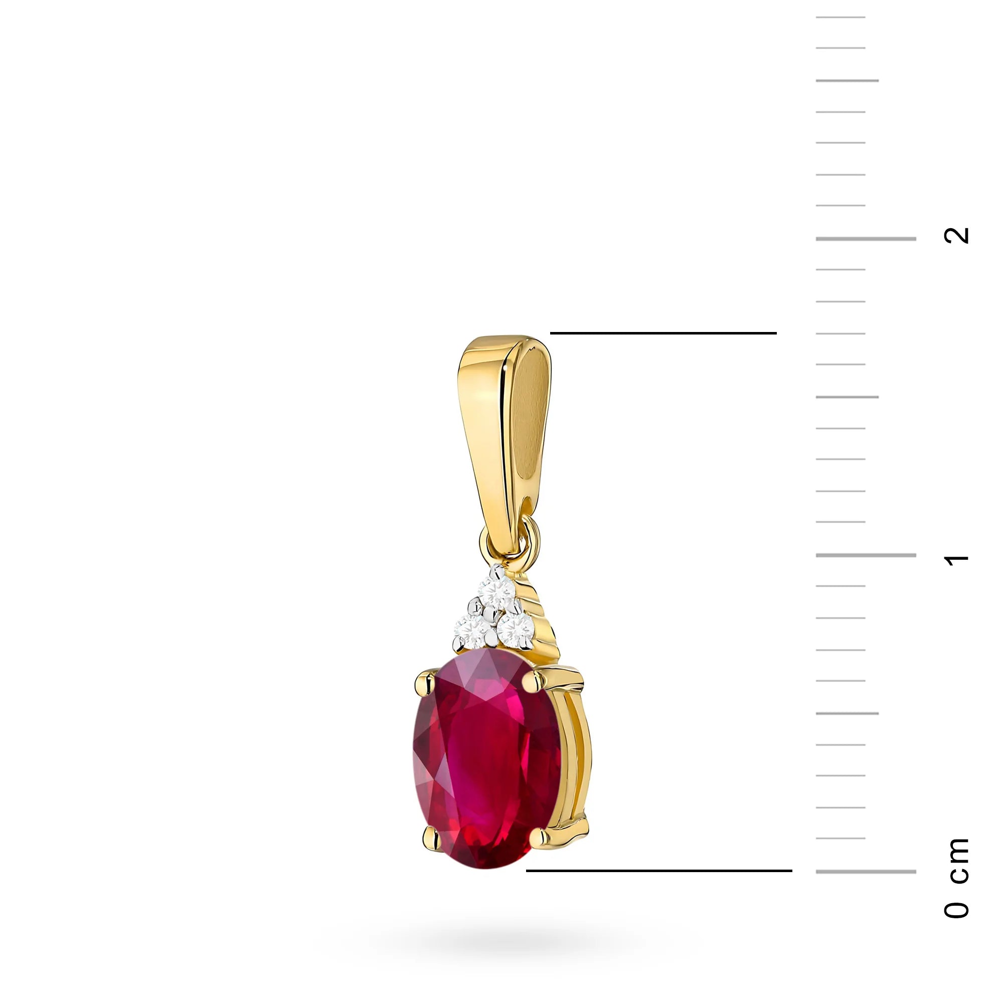 Pendentif en or 14 carats (585). Notre offre comprend des chaînes, des pendentifs, des colliers. Rubis central taillé en ovale de 1,00 ct et 3 diamants de 0,026 ct. Cadeau unique parfait.