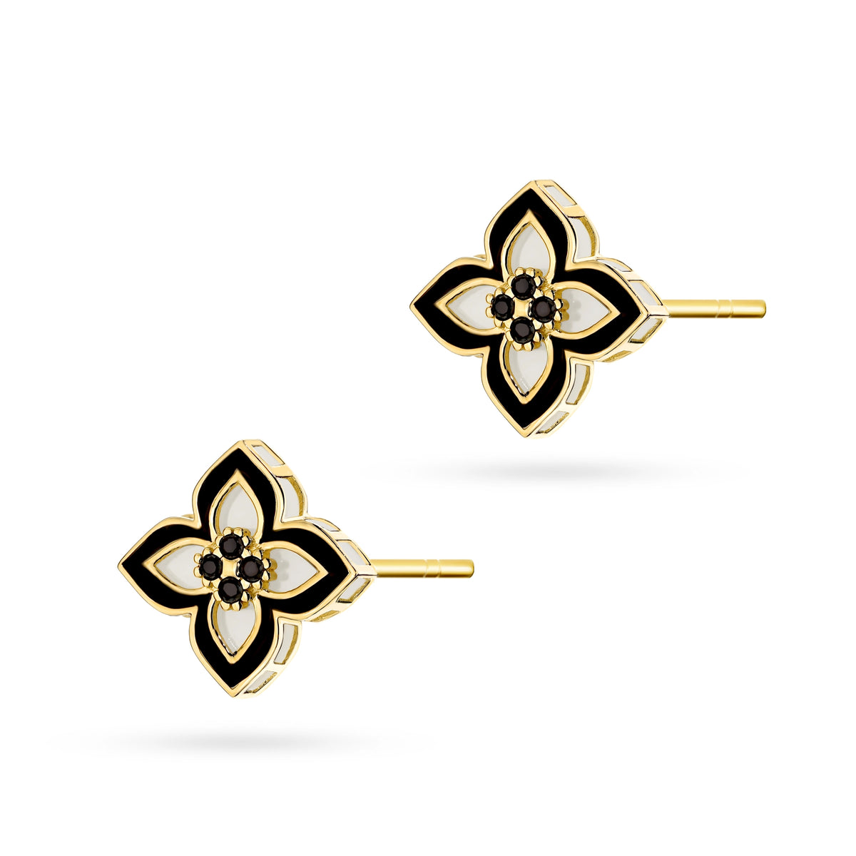 Elegante Ohrstecker aus 14-karätigem Gold mit einem atemberaubenden schwarz-weißen Blumendesign. Eine perfekte Verbindung von klassischem Luxus und modernem Kontrast. Zeitlos, schick und ideal für jeden Anlass. d-ohrringe-k1829-14k-585-b
