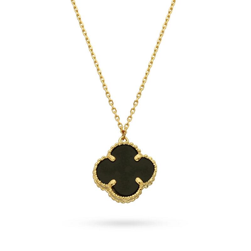 Yellow Gold Lucky Black Clover Necklace with Synthetic Onyx