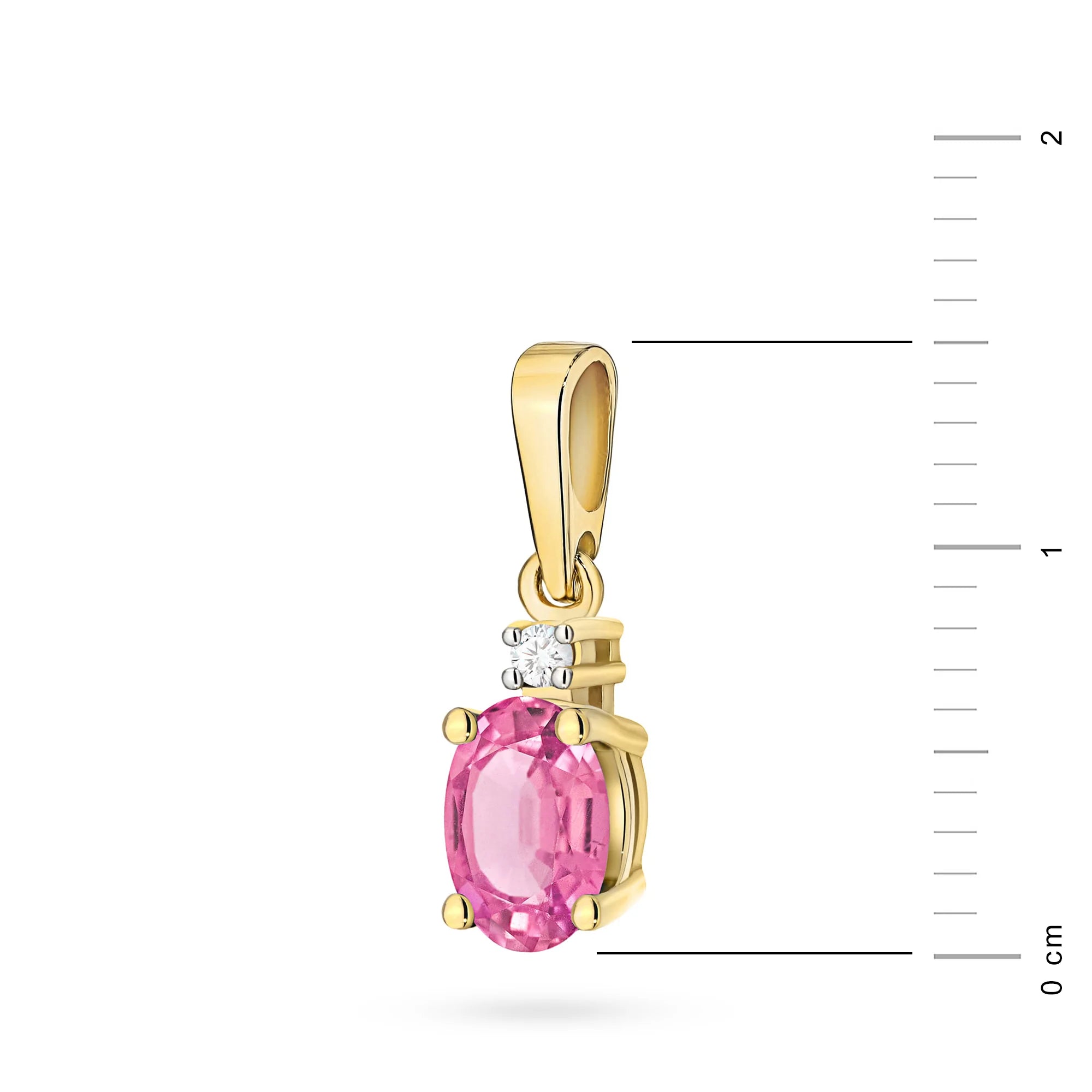 Gold pendant with a pink Topas and diamond with measurement scale.