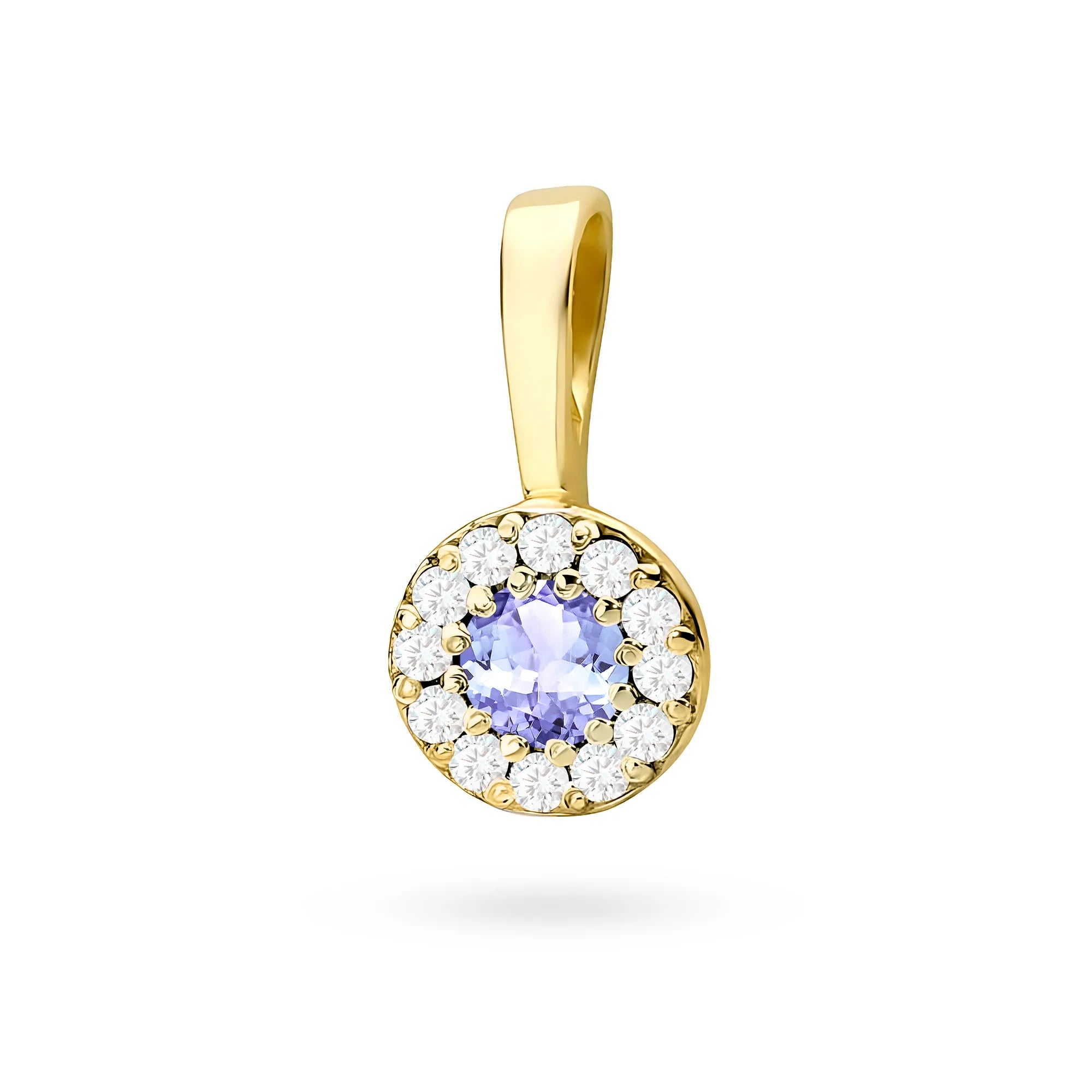 Gold round pendant with tansanit and  real diamonds in 3 colors of 14k (585) gold.