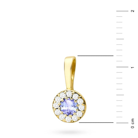 Gold round pendant with tansanite and real diamonds. Picture with real size in cm.