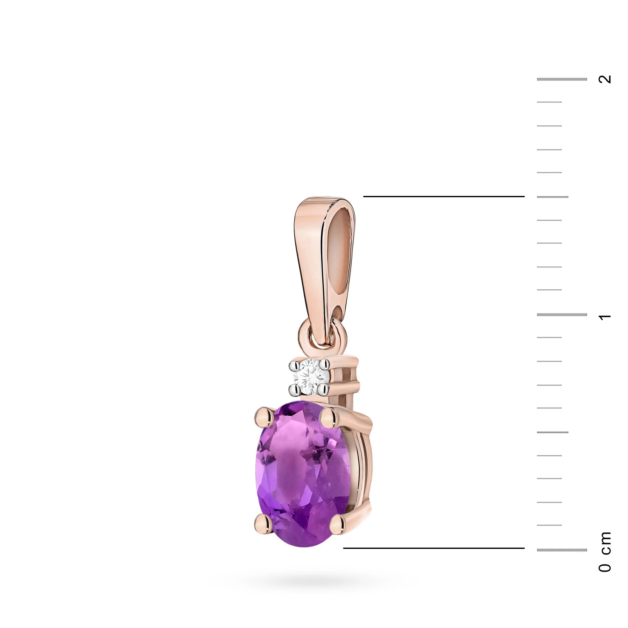 Anhänger aus Rosegold mit einem Amethyst und Diamant, dargestellt mit einer Maßstabsleiste