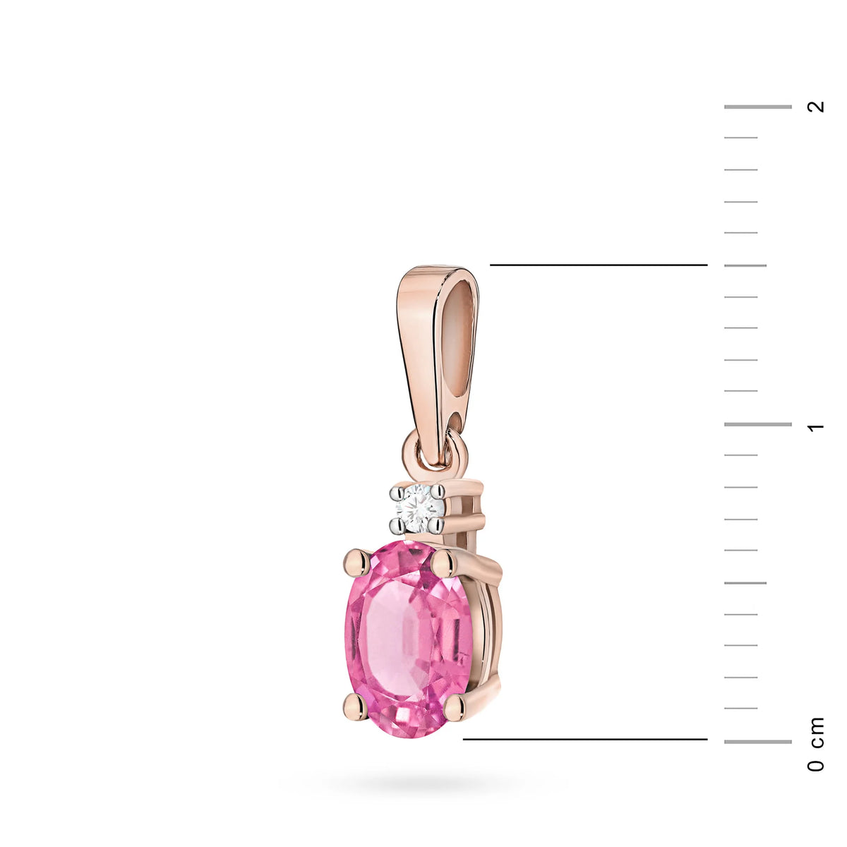 Rose gold pendant with a pink Topas and diamond with measurement scale.