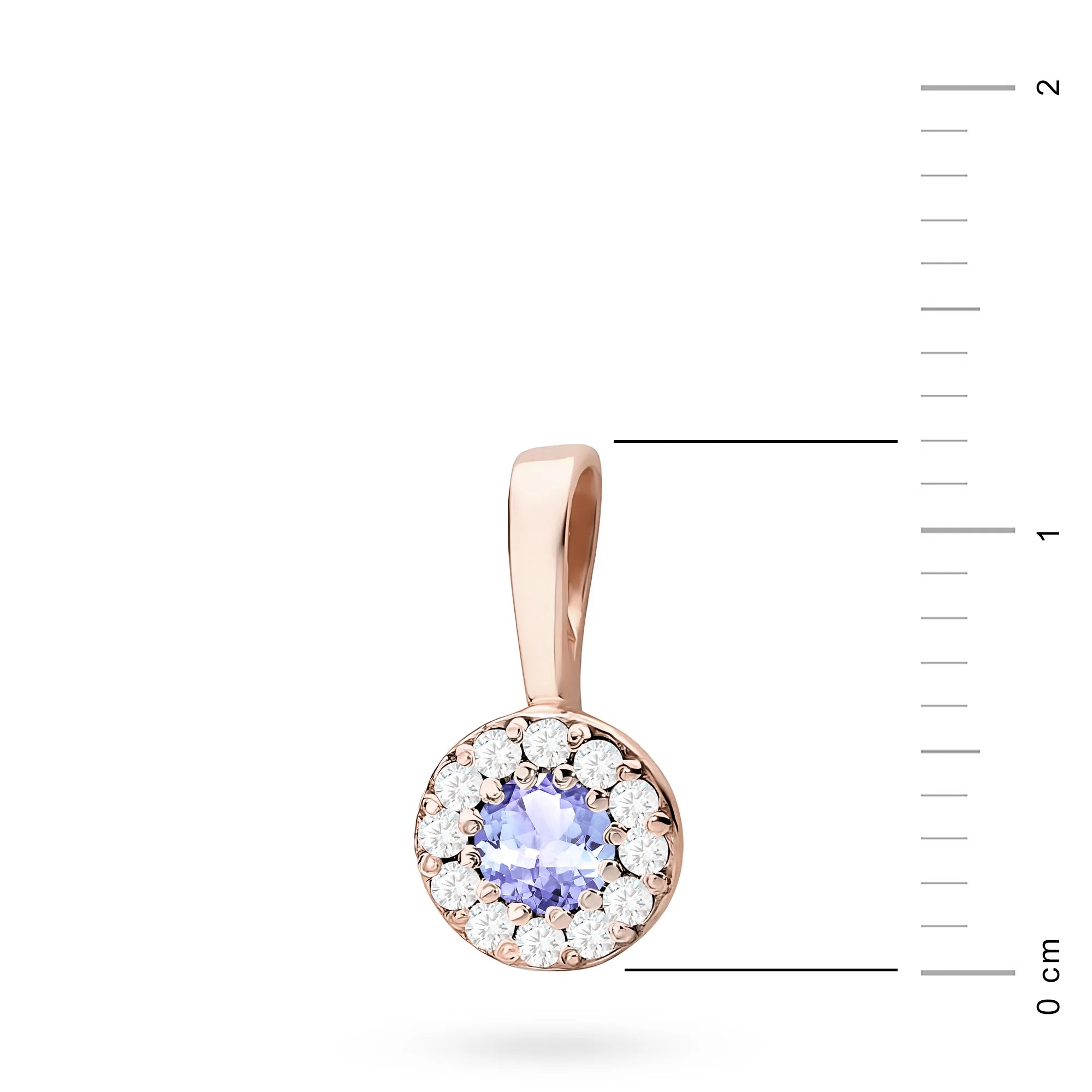 Rose Gold round pendant with tansanit and real diamonds. Real size picture with scale in cm.