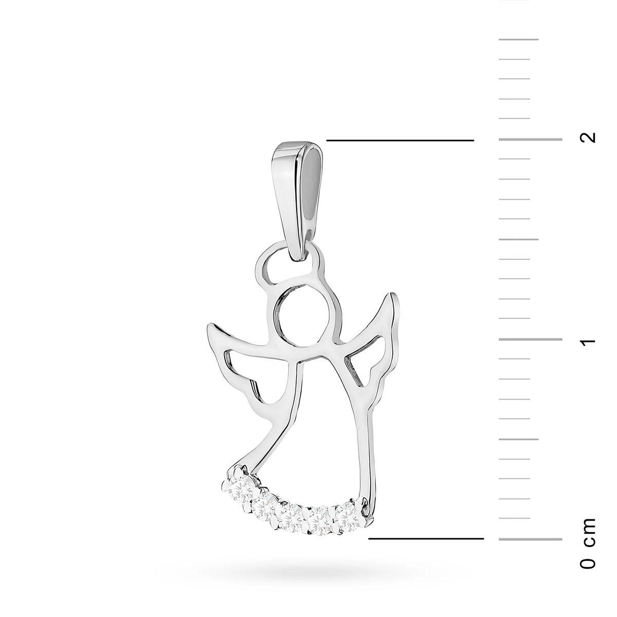 Pendentif ange en or blanc avec diamant véritable. Photo à taille réelle en cm.