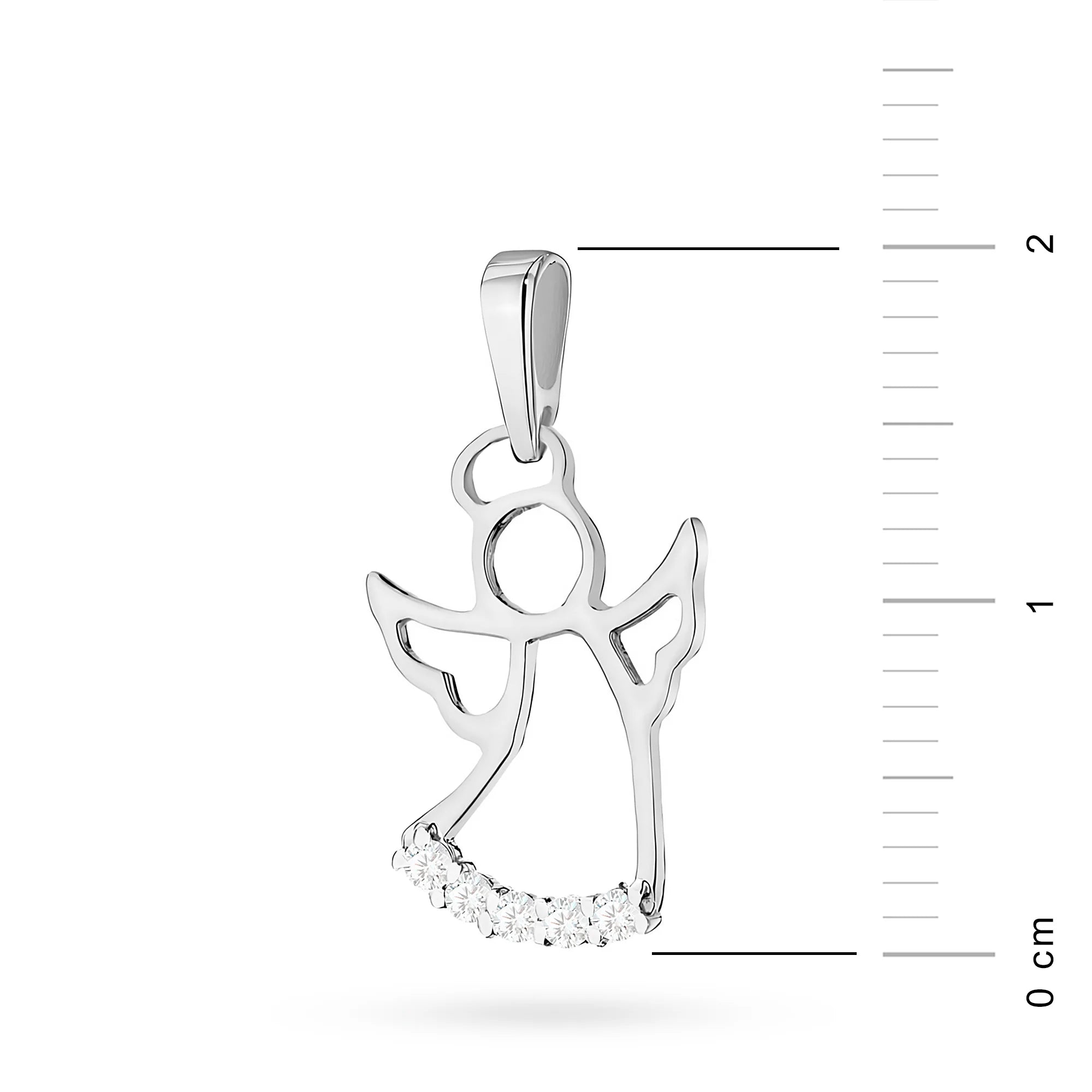 Pendentif ange en or blanc avec diamant véritable. Photo à taille réelle en cm.