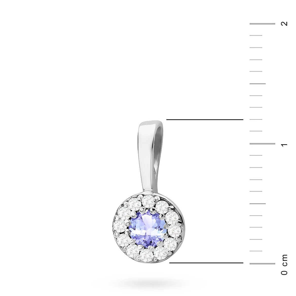 White Gold round pendant with tansanit and real diamonds. Picture with real size scale in cm.