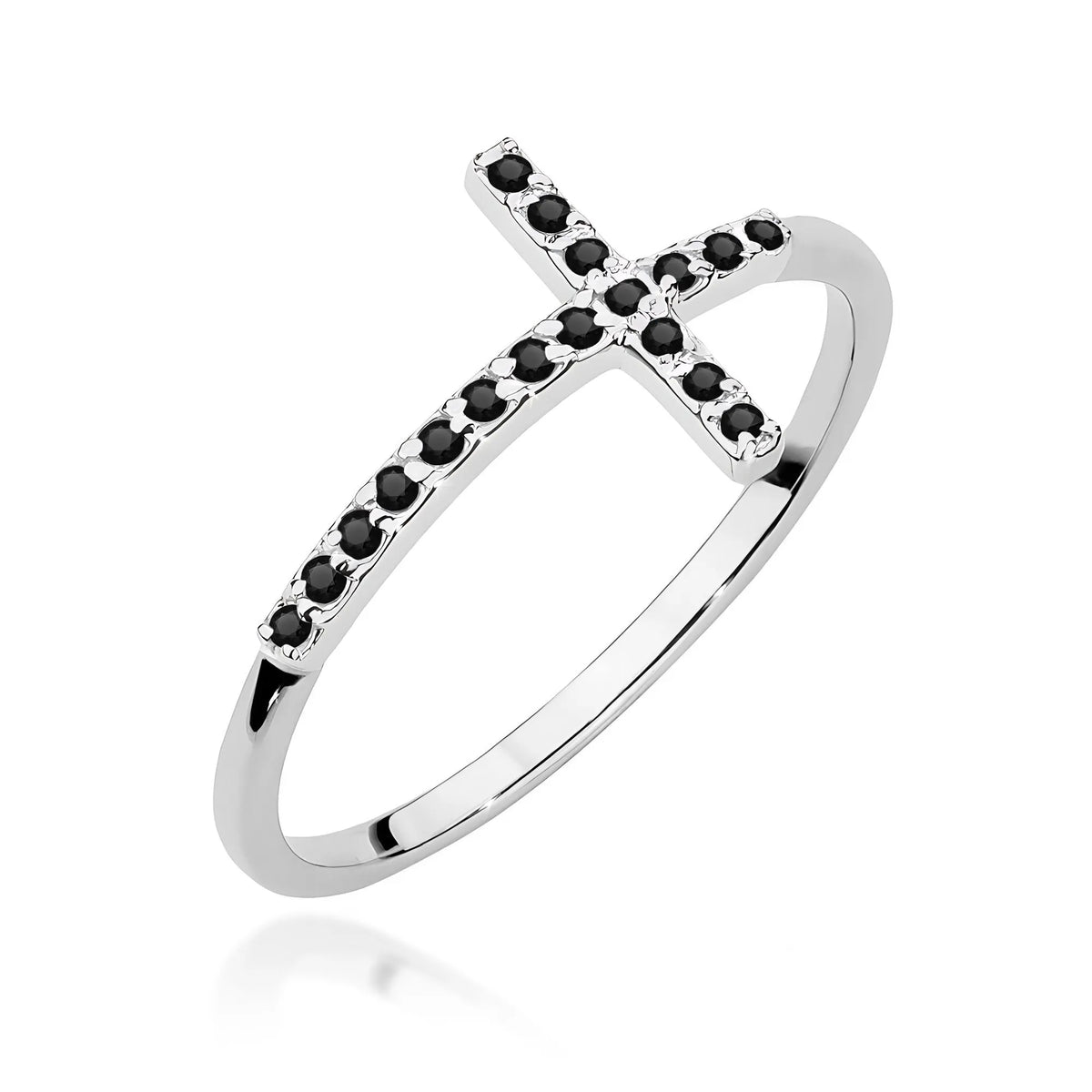Weißgoldring mit Kreuz aus 0,09 ct schwarzen Diamanten