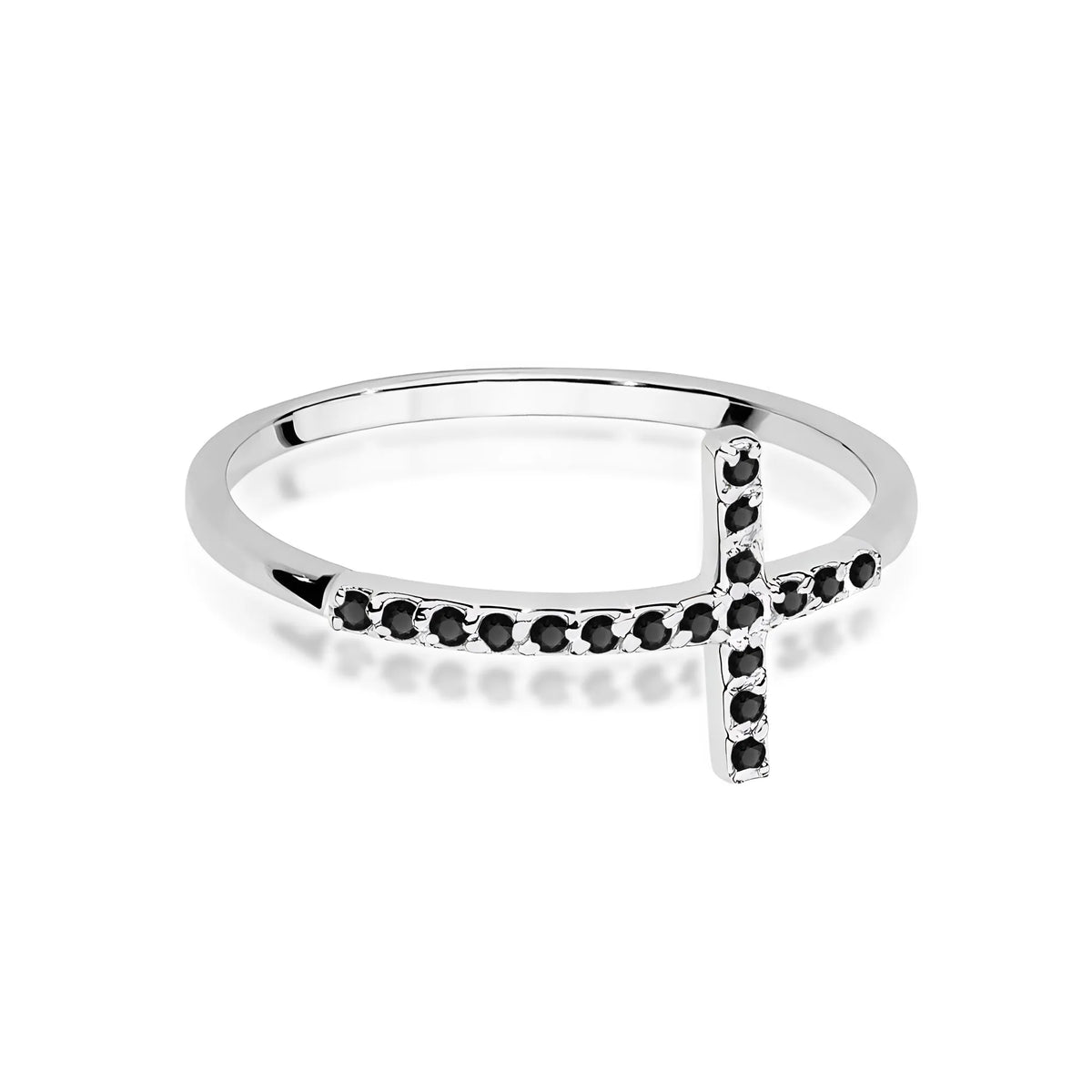 Weißgoldring mit Kreuz aus 0,09 ct schwarzen Diamanten