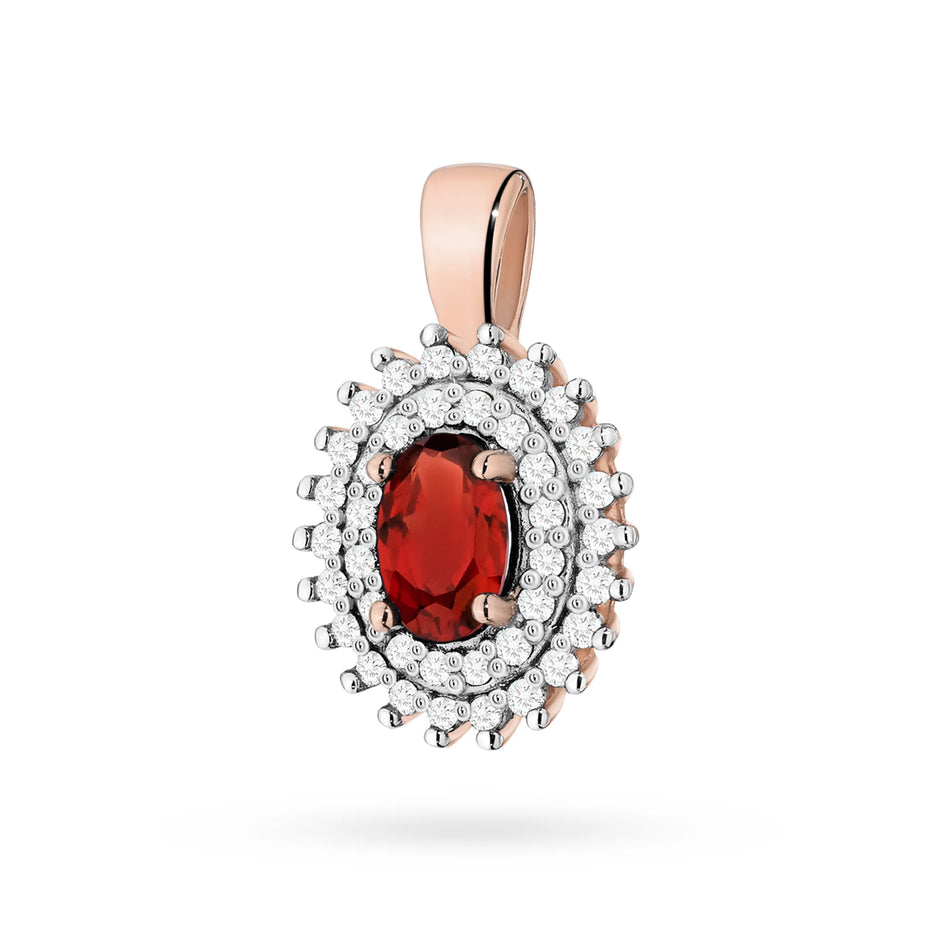 Pendant made of 14K (585) gold. Central garnet 0.50ct surrounded by 39 diamonds 0.19ct. A unique gift for her. Our shop offers chains, rings or armbands