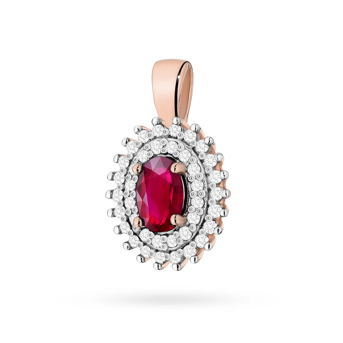 Pendant made of 14K (585) gold. Central ruby 0.60ct surrounded by 39 diamonds 0.19ct. A unique gift for her. Our shop offers chains, rings, earrings or armbands