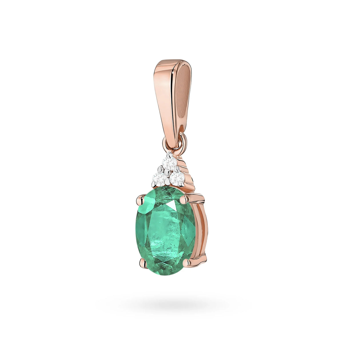 Pendant made of the 14K (585) gold. In our offer includes chains, pendants, necklaces. Oval cut emerald 0.80ct and 3 diamonds 0.026ct. Unique gift for her.