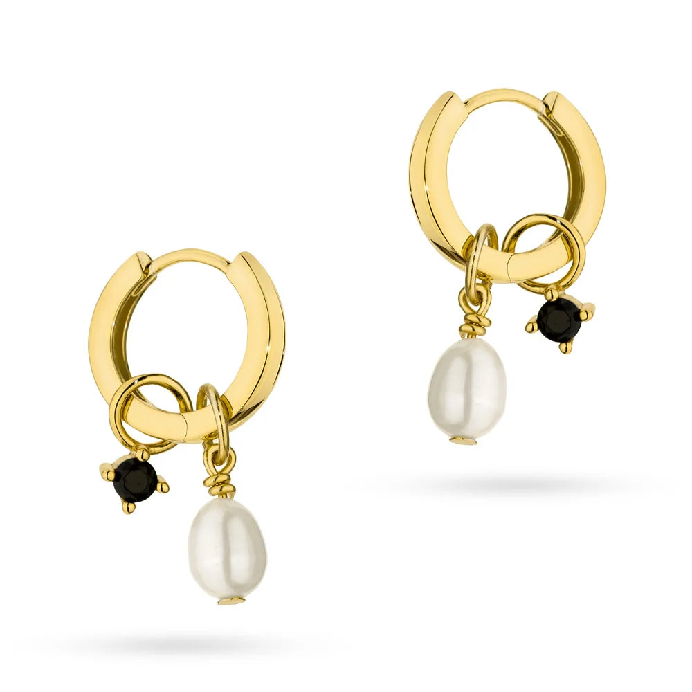 Silver(925) Earrings with black pearl and zirconia. Hoop shape in vintage style. Order gift for mother, girlfriend or fiancee.