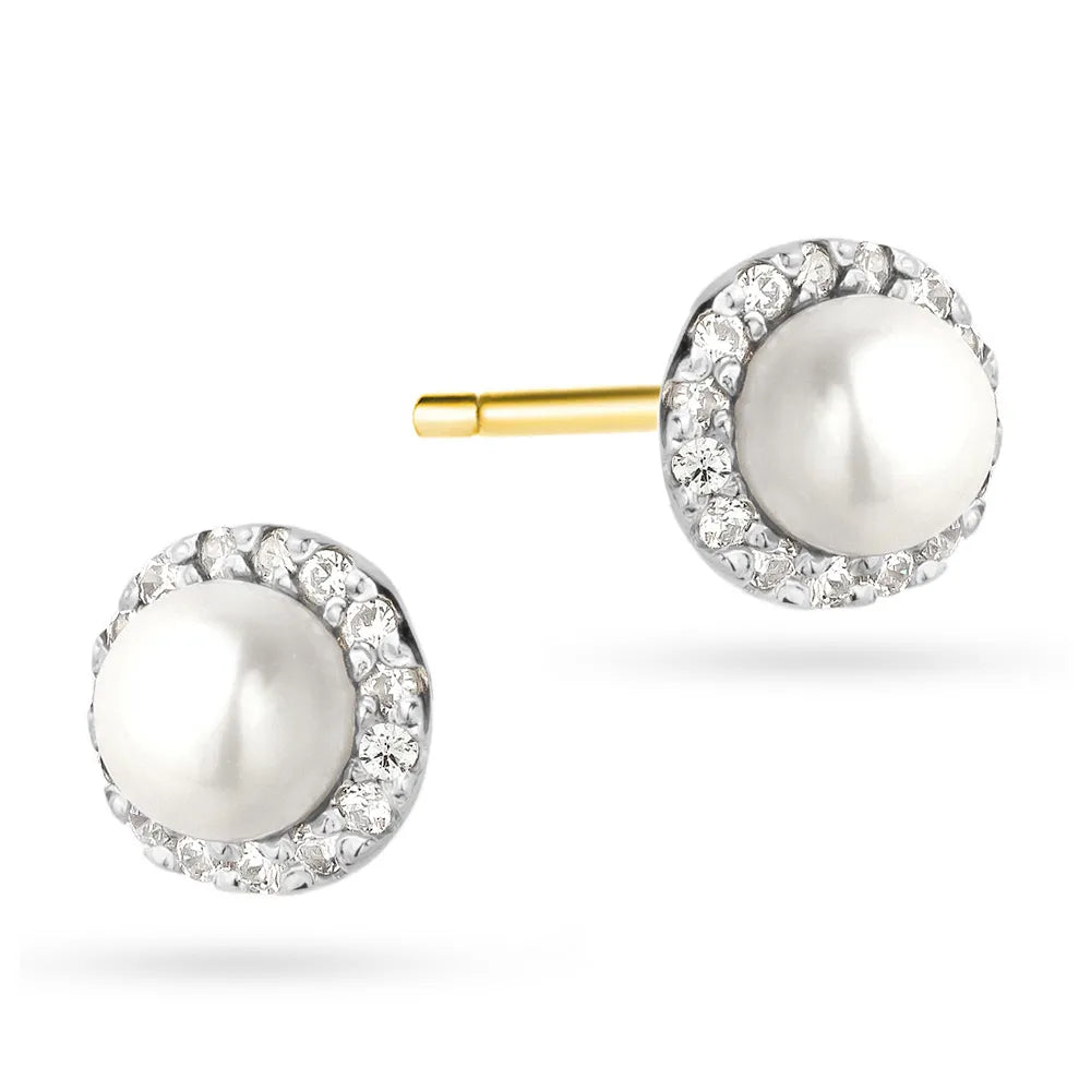 14-carat Two-color Gold Stud Earrings with Cultured Pearl and Zirconia Perfect for a gift