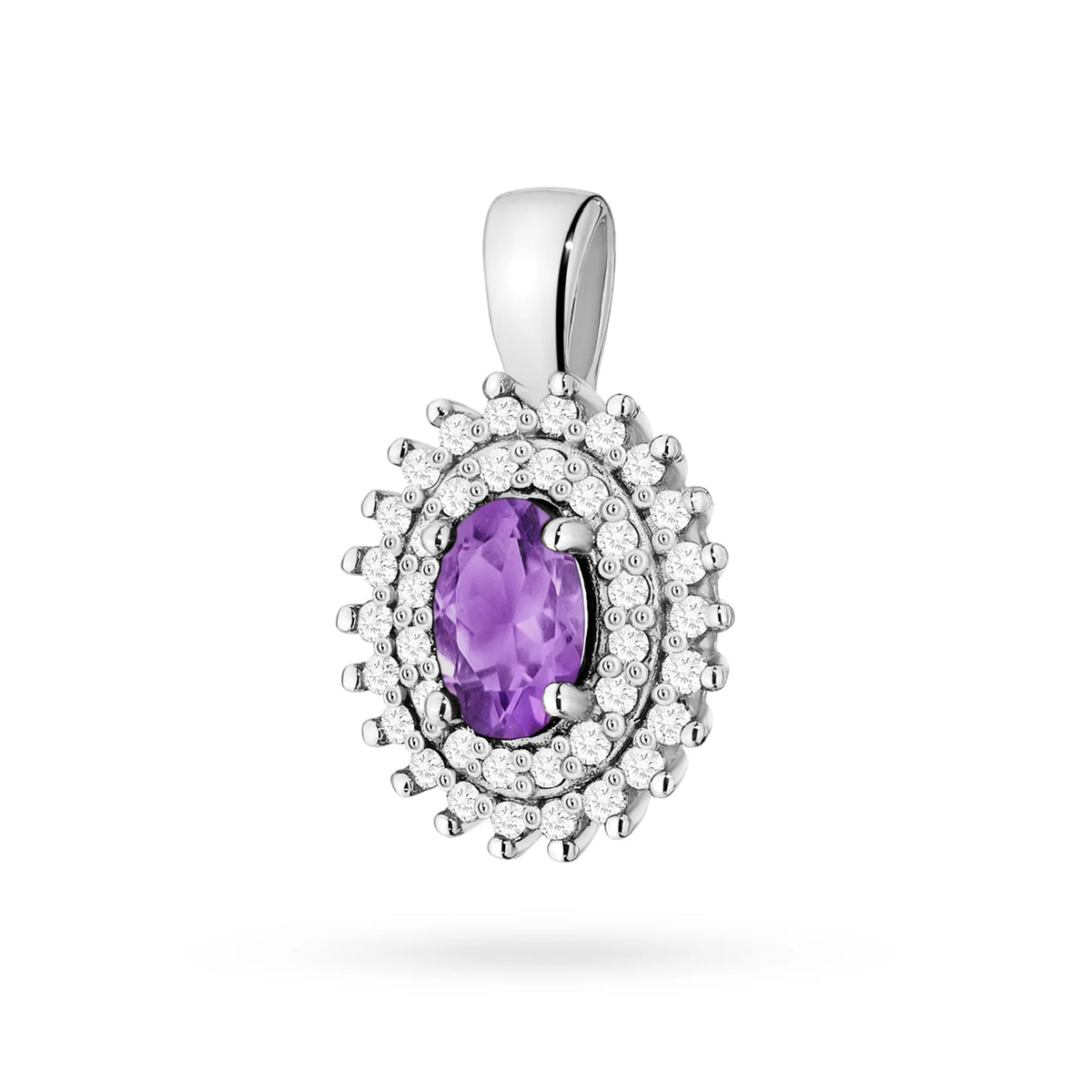 Pendentif en or 14 carats (585). Améthyste centrale de 0,40 ct entourée de 39 diamants de 0,19 ct. Un cadeau unique pour elle. Notre boutique propose des chaînes, des bagues, des boucles d’oreilles.