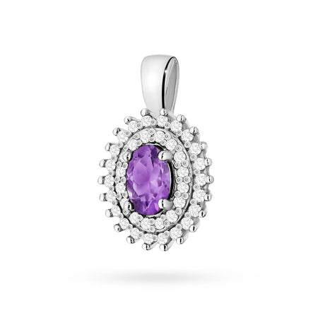 Anhänger aus 14K (585) Gold. Zentraler Amethyst 0,40 ct, umgeben von 39 Diamanten 0,19 ct. Ein einzigartiges Geschenk für sie. Unser Geschäft bietet Ketten, Ringe, Ohrringe an.