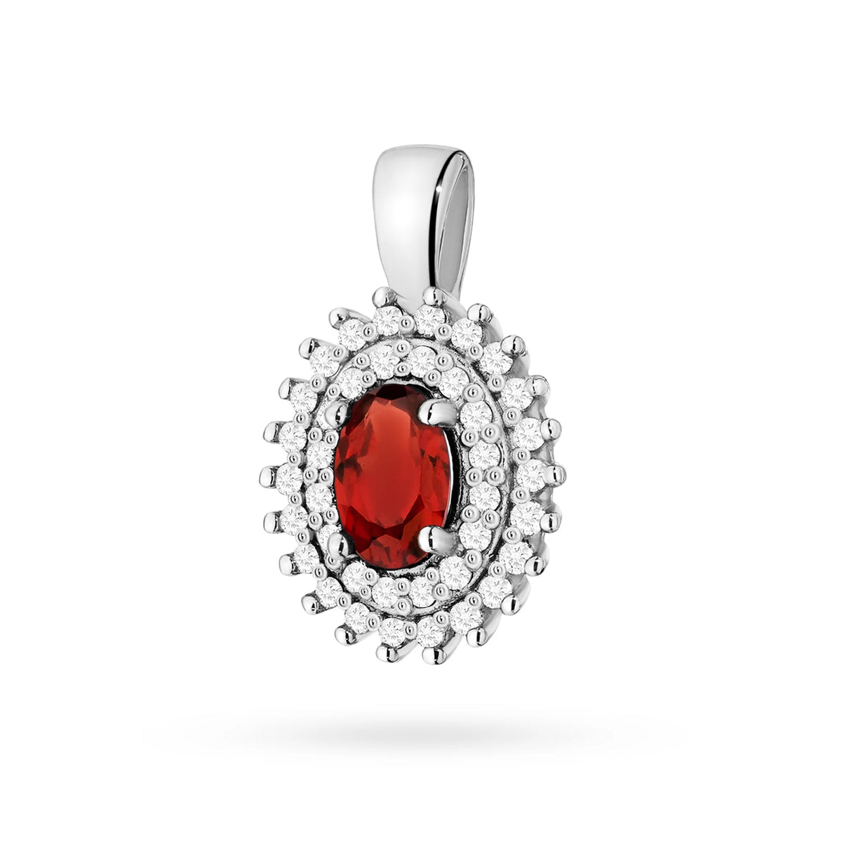Pendentif en or 14 carats (585). Grenat central de 0,50 ct entouré de 39 diamants de 0,19 ct. Un cadeau unique pour elle. Notre boutique propose des chaînes, des bagues ou des bracelets.