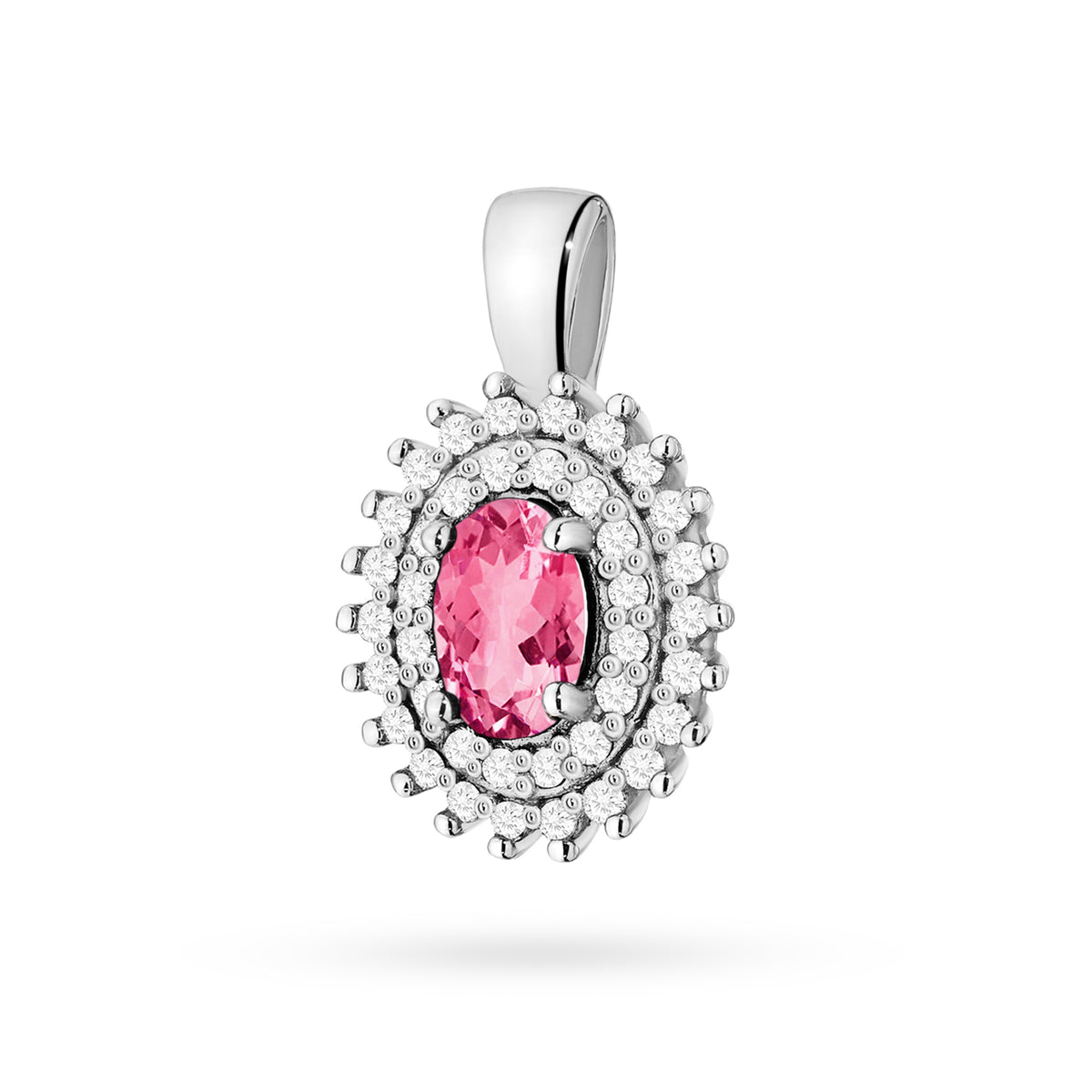 Pendentif en or 14 carats (585). Notre sélection comprend des chaînes, des pendentifs, des colliers. Topaze rose taille ovale 0,50 ct et 39 diamants 0,19 ct. Un cadeau unique pour elle