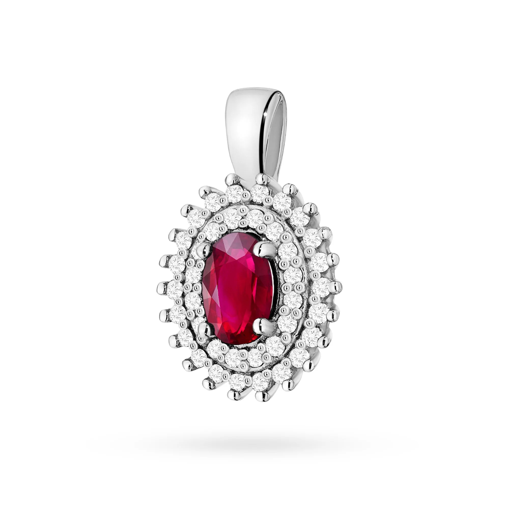Pendant made of 14K (585) gold. Central ruby 0.60ct surrounded by 39 diamonds 0.19ct. A unique gift for her. Our shop offers chains, rings, earrings or armbands