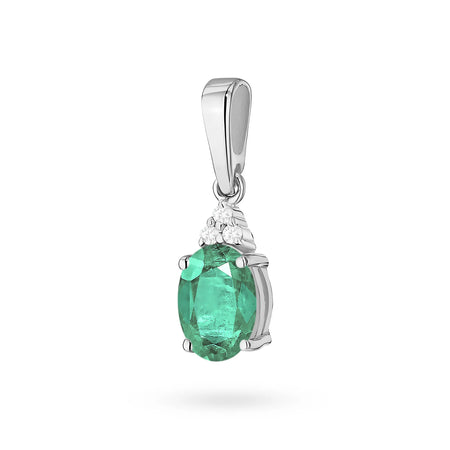 Pendant made of the 14K (585) gold. In our offer includes chains, pendants, necklaces. Oval cut emerald 0.80ct and 3 diamonds 0.026ct. Unique gift for her.